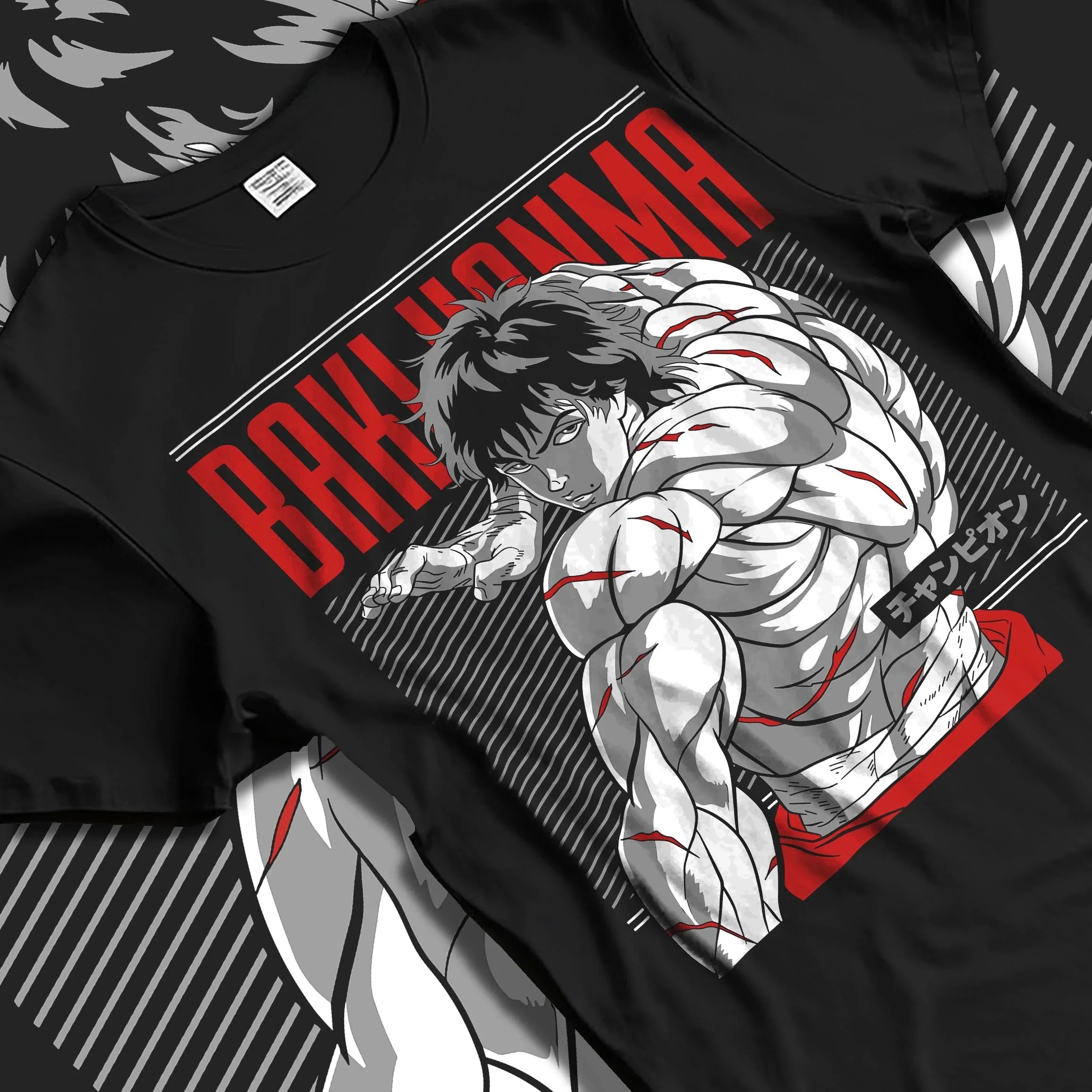 Black T-shirt laid flat featuring Baki Hanma in a muscular battle pose, retro manga graphic with red and white accents, bold anime streetwear design.