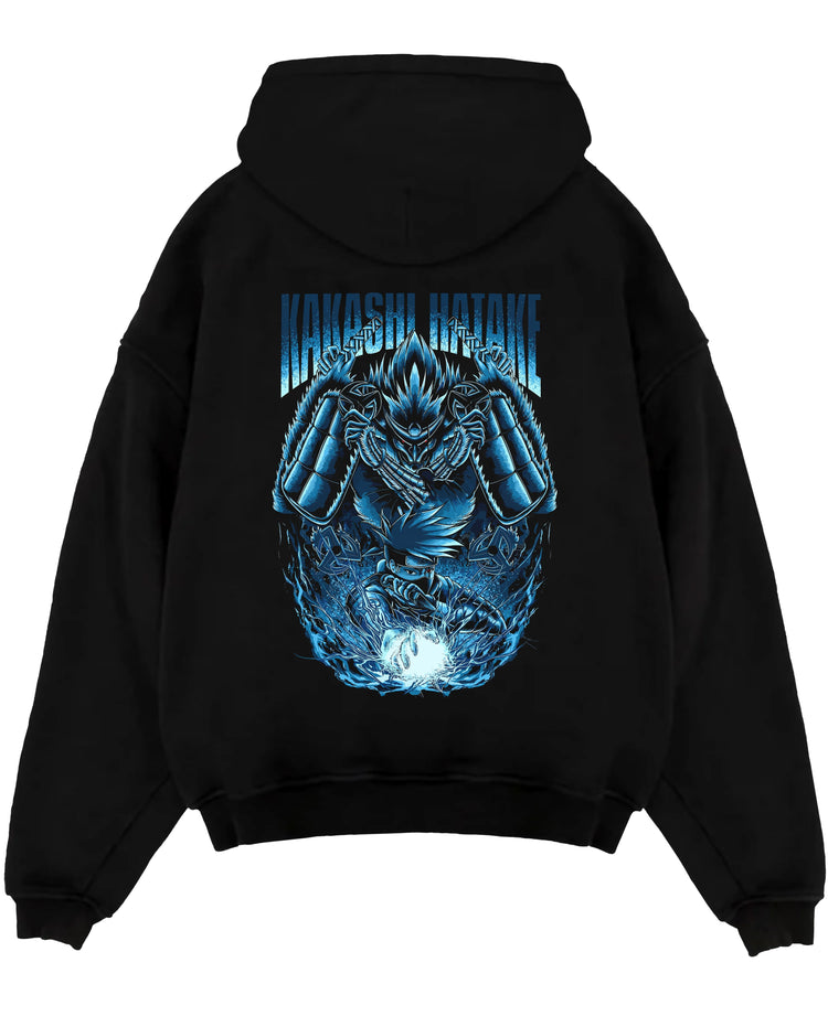 Black pullover hoodie laid flat on a white background, featuring Kakashi Hatake anime poster inspired design with glowing Susanoo and Chidori artwork.