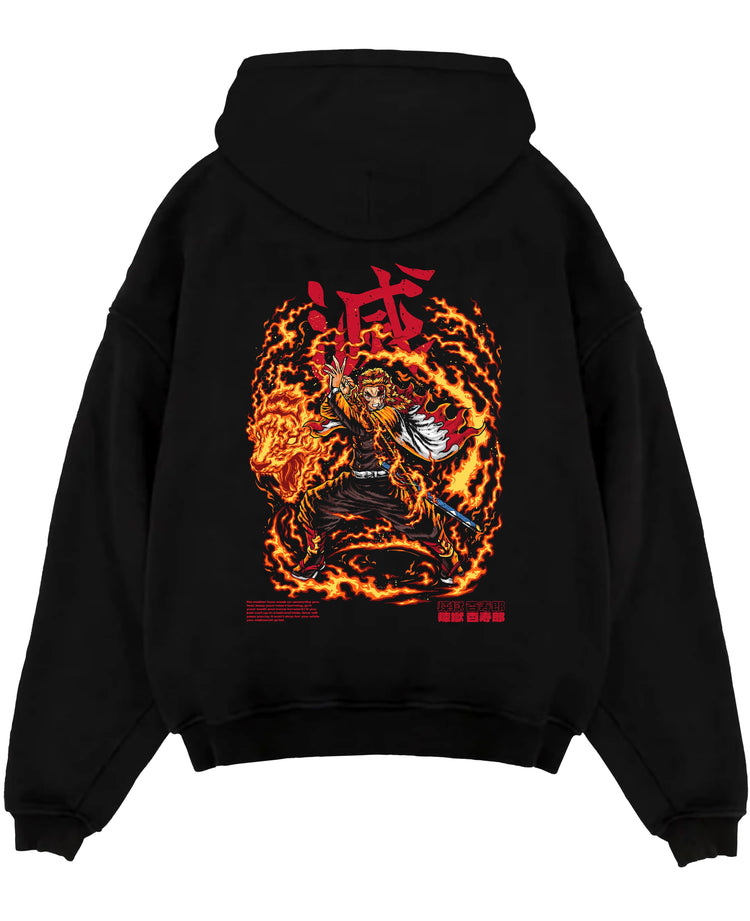 Black pullover hoodie laid flat on a white background, featuring Demon Slayer Rengoku anime poster inspired design with fiery flame aura and retro manga battle style.
