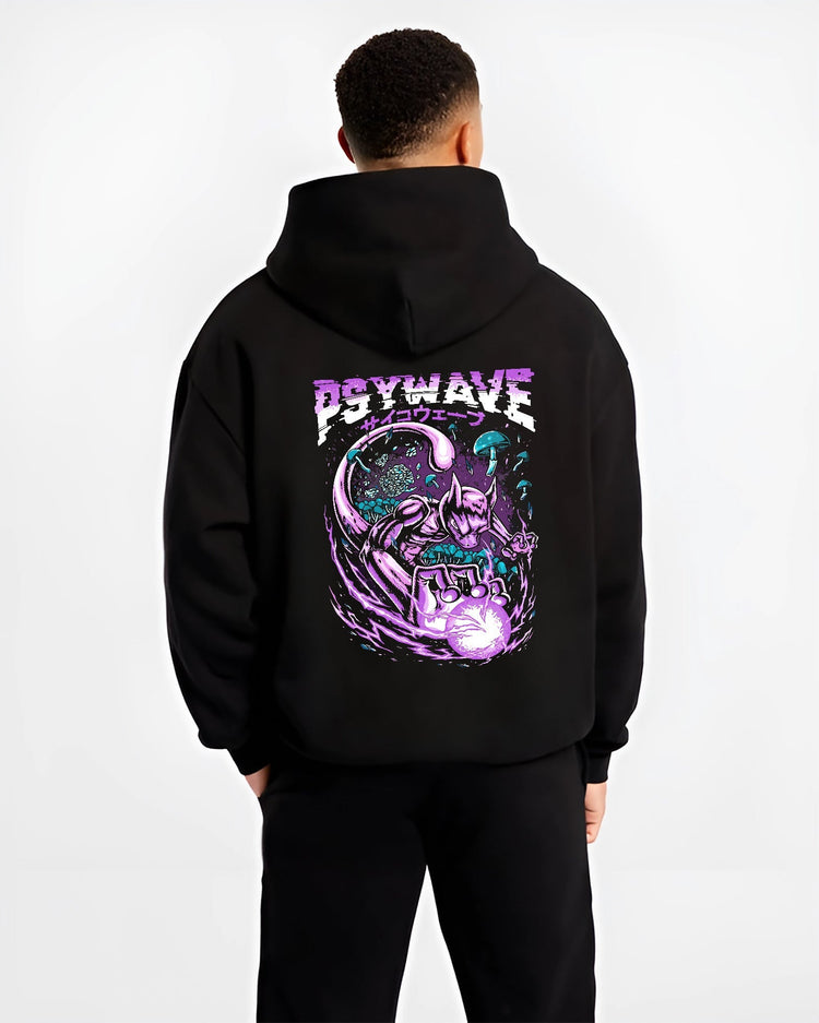 Black hoodie worn by a male model, back view, featuring Mewtwo retro manga graphic with swirling psychic orb and neon purple.