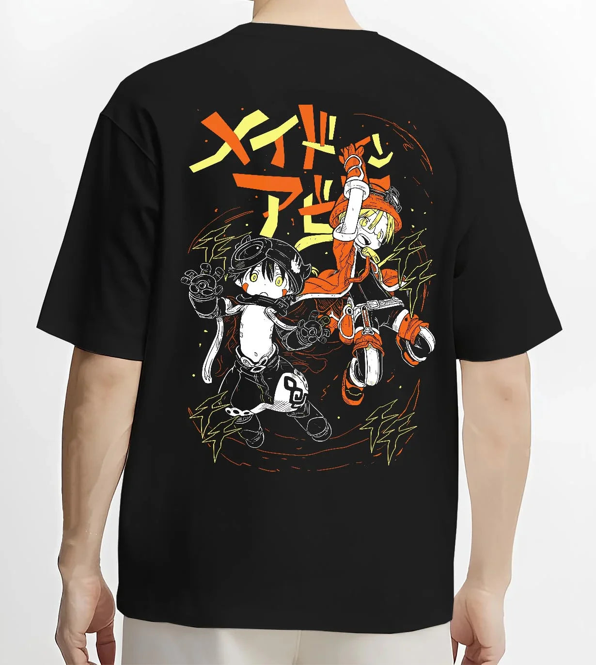 Black T-shirt worn by a male model, back view, featuring Riko and Reg dynamic retro manga graphic with lightning effects in Japanese animation streetwear.