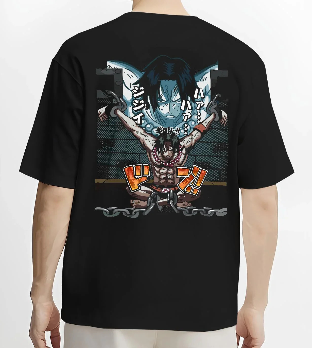Black T-shirt worn by male model, back view with Portgas Ace Chains Hoodie One Piece Prison Cell Flames graphic premium wear.