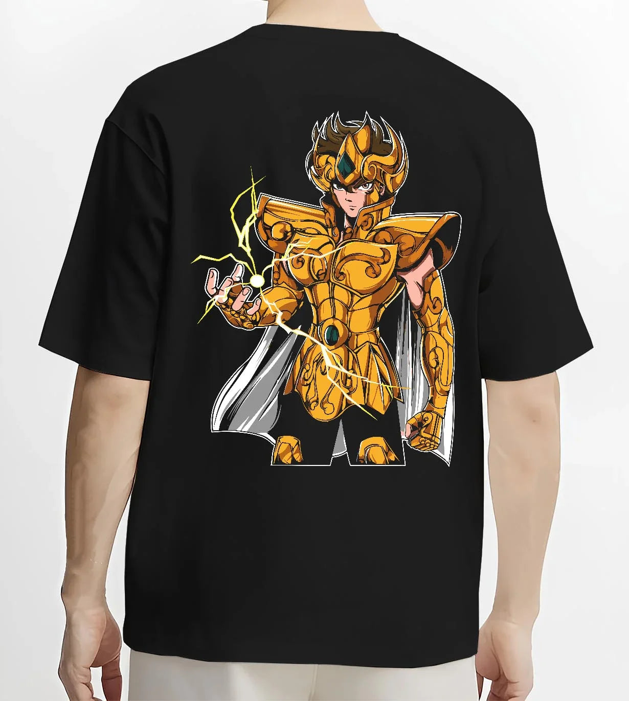 Black T-shirt worn by male model, back view with Leo Gold Saint Hoodie Saint Seiya Celestial Zodiac graphic premium wear.