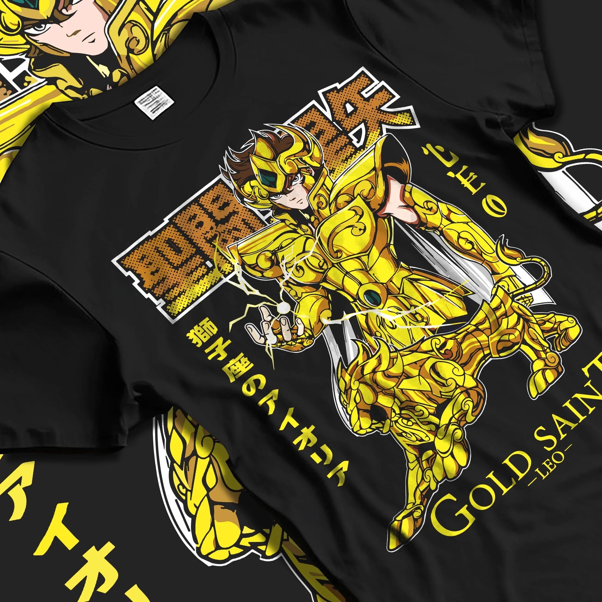 Black T-shirt laid flat with natural folds with Aiolia Gold Saint Hoodie Saint Seiya Mythic Armour graphic premium wear.