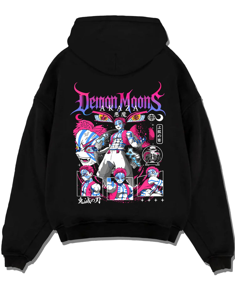 Black pullover hoodie laid flat with Akaza Demon Slayer Hoodie Upper Moon Rage Moon Mark graphic bold anime graphic.