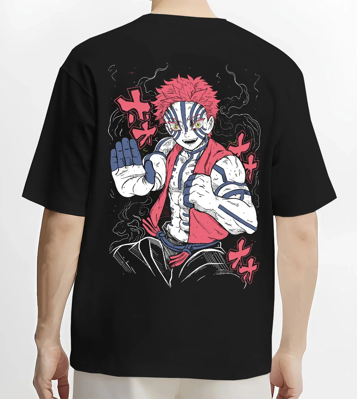 Black T-shirt worn by male model, back view with Akaza Demon Slayer Hoodie Upper Moon Fierce Stance graphic streetwear graphic.