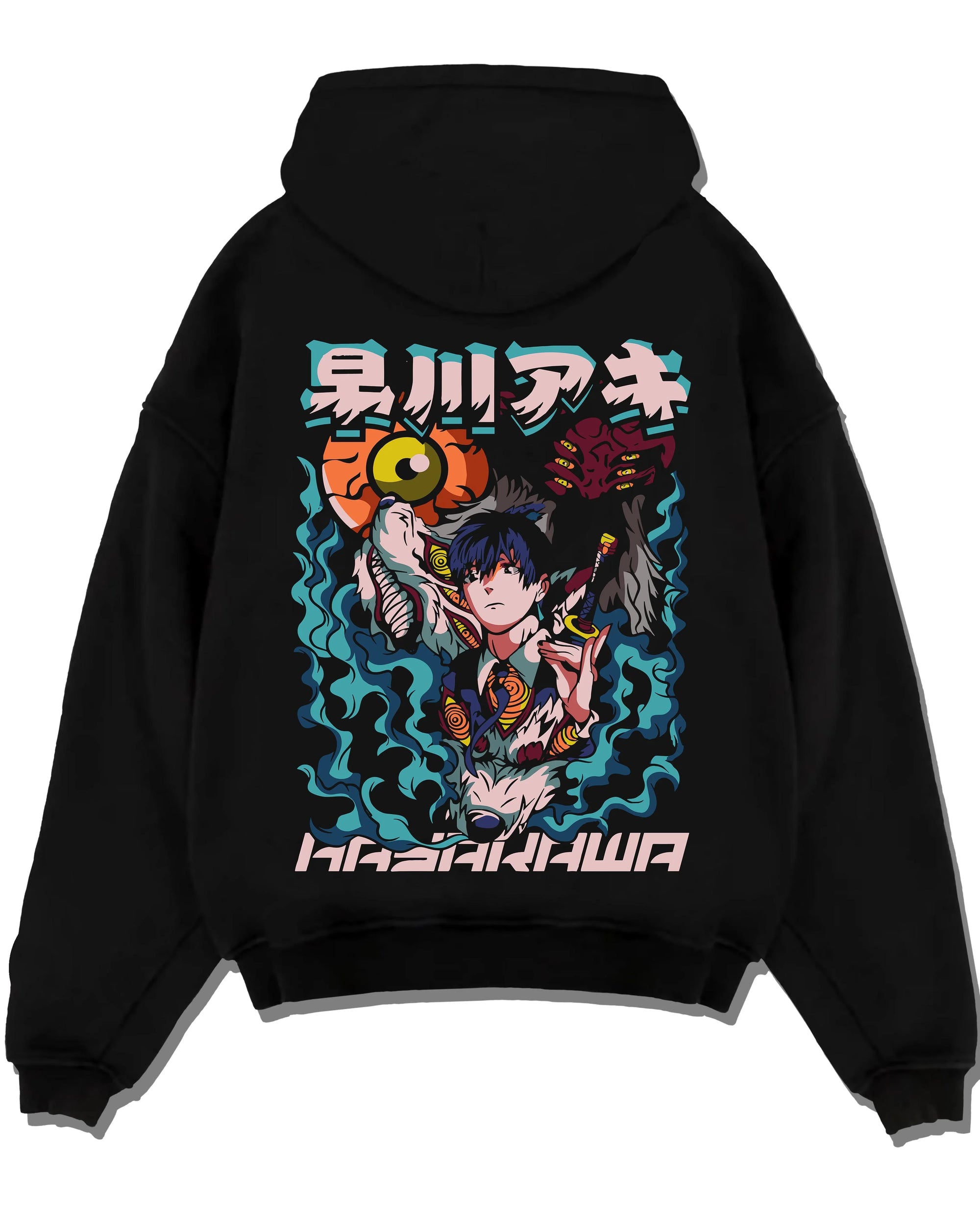 Black pullover hoodie laid flat with Aki Hayakawa Hoodie Chainsaw Man Devil Hunter Katana graphic bold anime graphic.