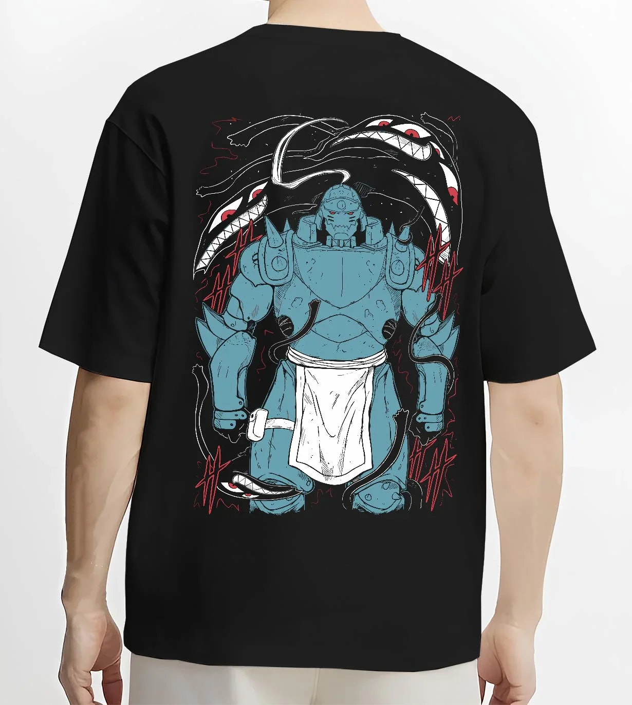 Black T-shirt worn by male model, back view with Alphonse Hoodie Fullmetal Alchemist Steel Armoured Form graphic premium wear.