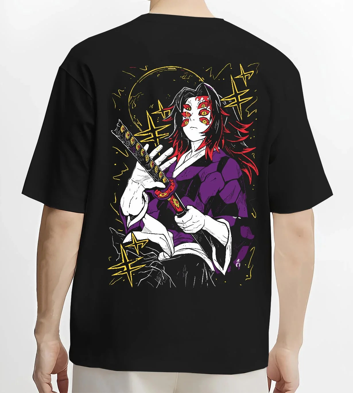 Black T-shirt worn by male model, back view with Demon Slayer Kokushibo Hoodie Ancient Samurai Jumper graphic premium wear.