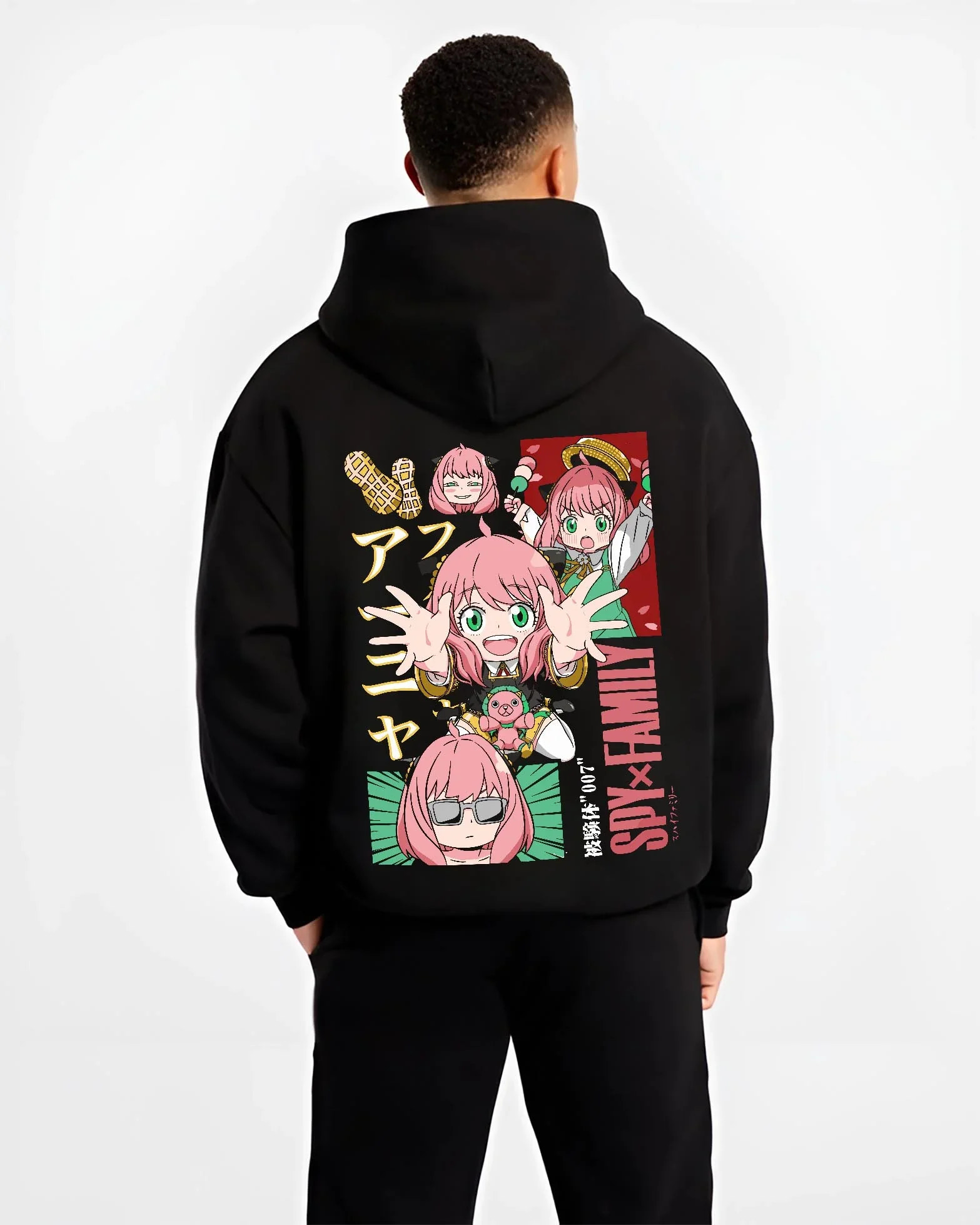 Black hoodie worn by male model, back view with Anya Forger Hoodie Spy x Family Cute Panel Collection graphic premium wear.