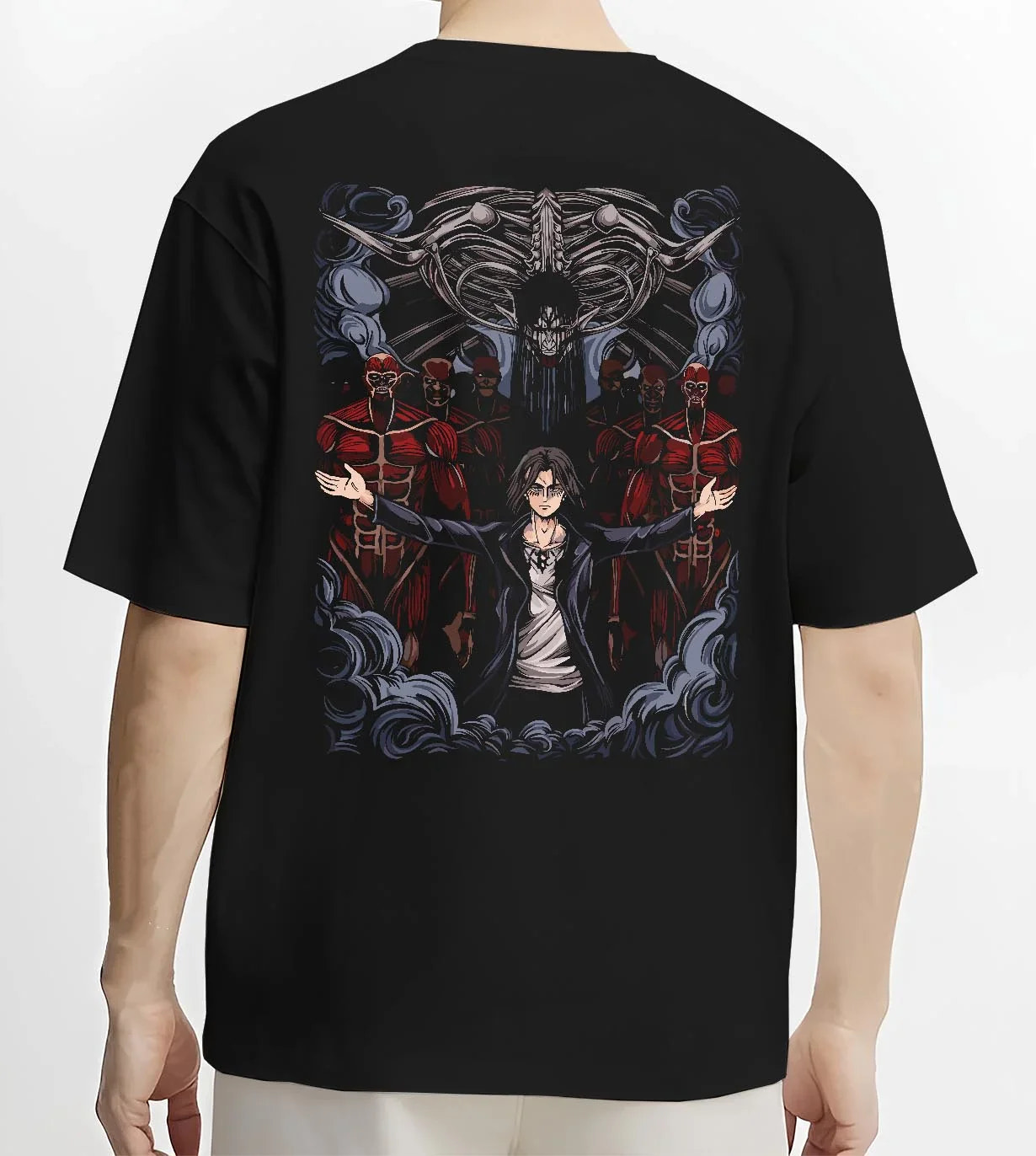 Black T-shirt worn by male model, back view with Attack on Titan Hoodie Survey Corps Levi Throne Scene graphic streetwear graphic.