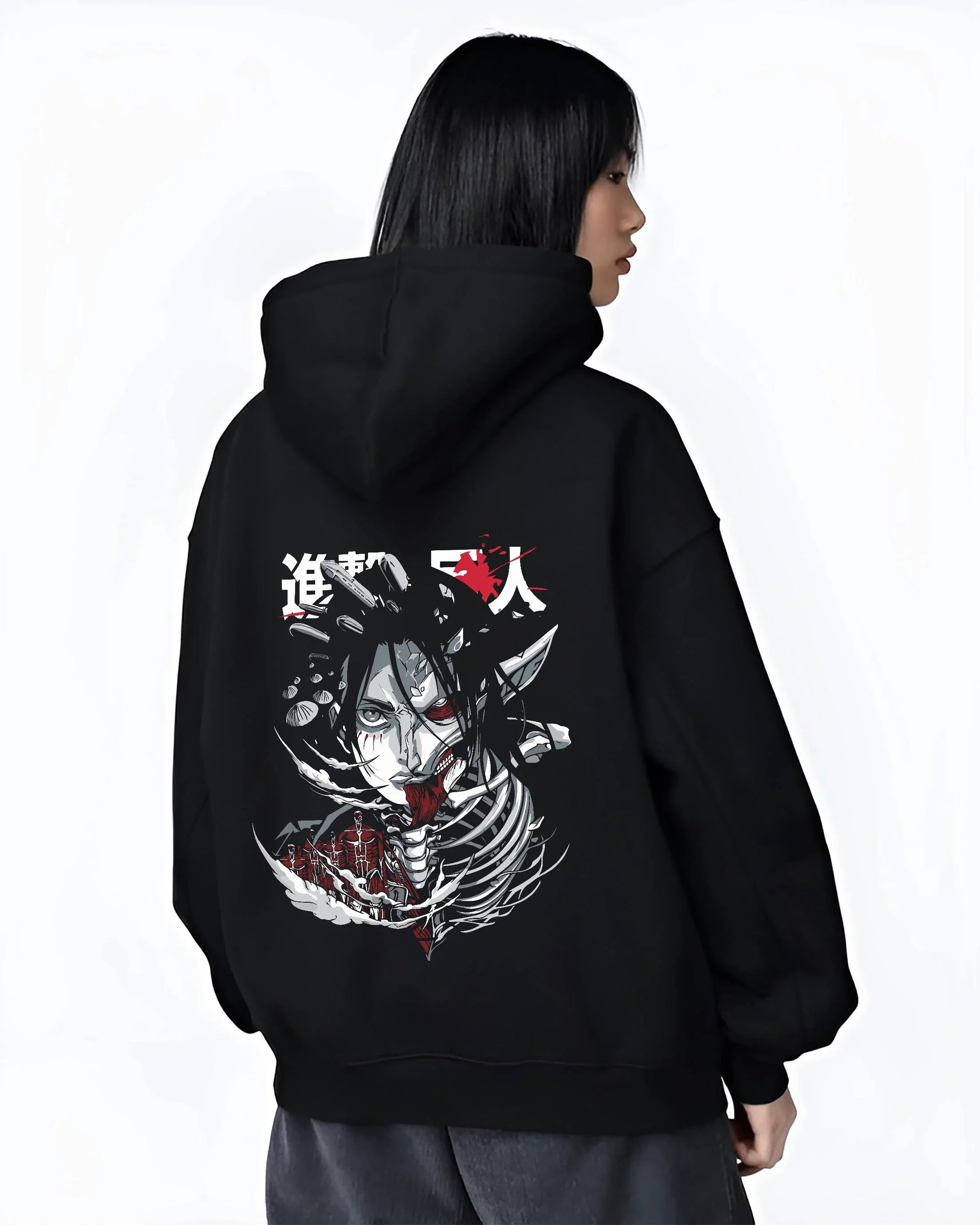 Black hoodie worn by female model, back view with Founding Titan Hoodie Attack on Titan Skull Face Panel graphic premium wear.