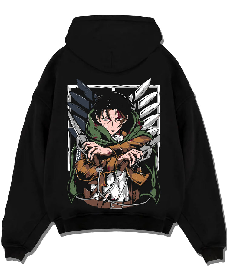 Black pullover hoodie laid flat with Levi Ackerman Hoodie Attack on Titan Green Cloak Battle graphic premium wear.