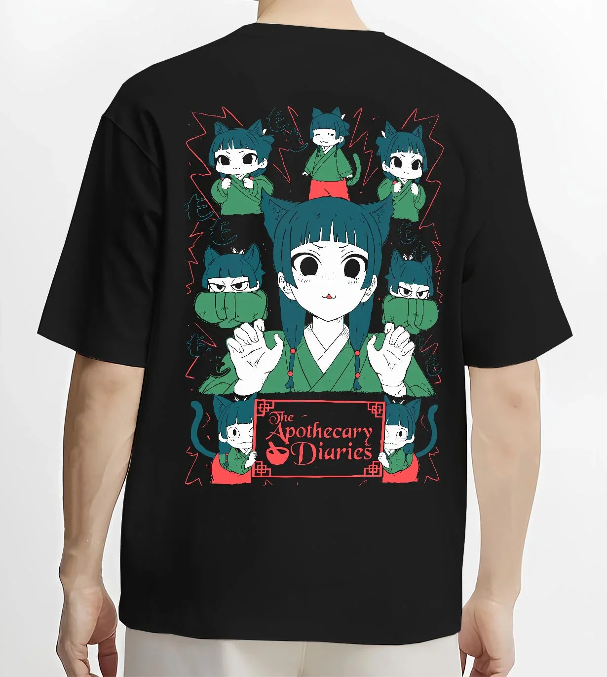 Black T-shirt worn by male model, back view with Apothecary Diaries Hoodie Maomao Green Poison Dolls graphic streetwear graphic.