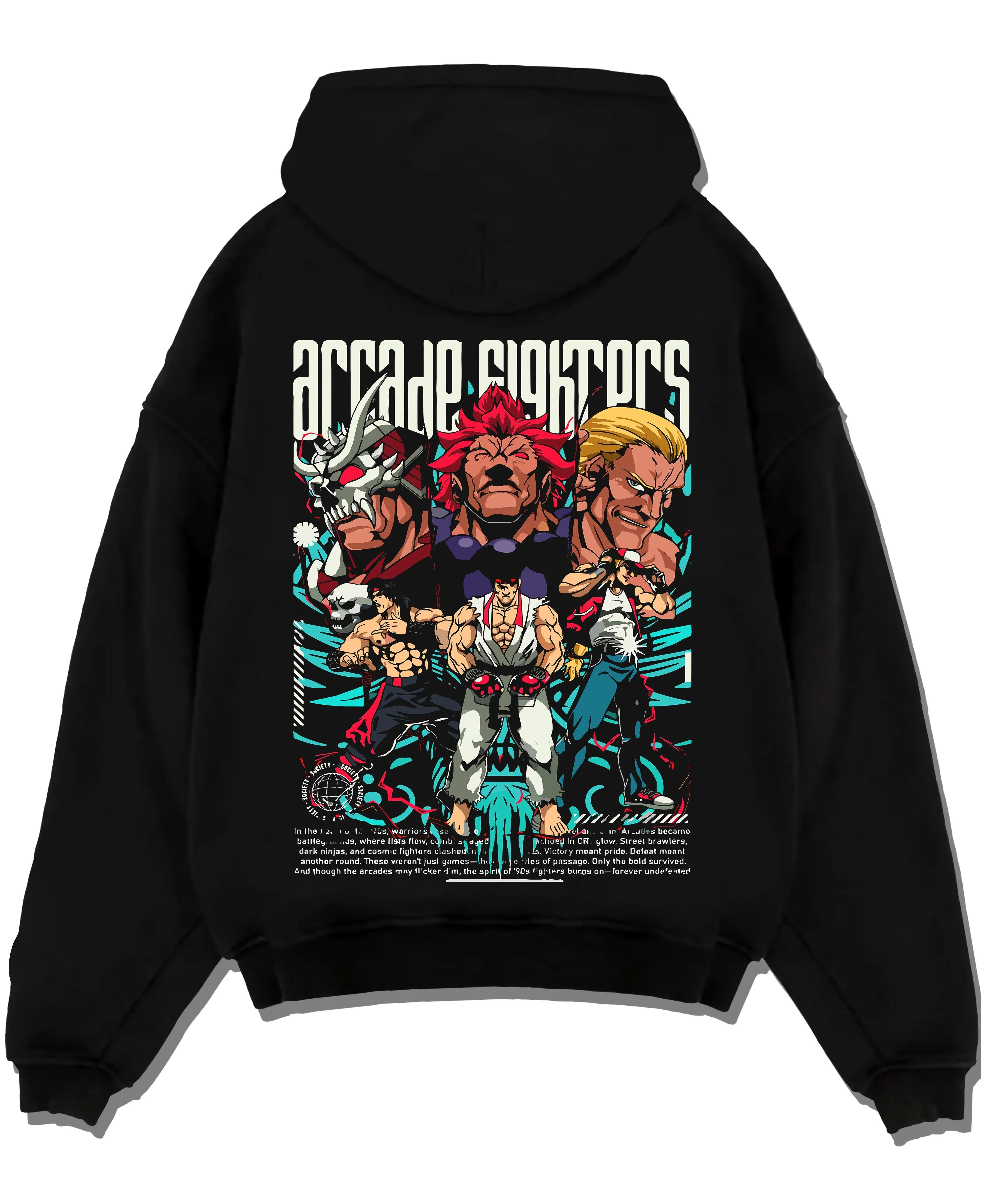 Black pullover hoodie laid flat with Arcade Legends Fighter Hoodie Street Fighter Fatal Fury graphic bold anime graphic.