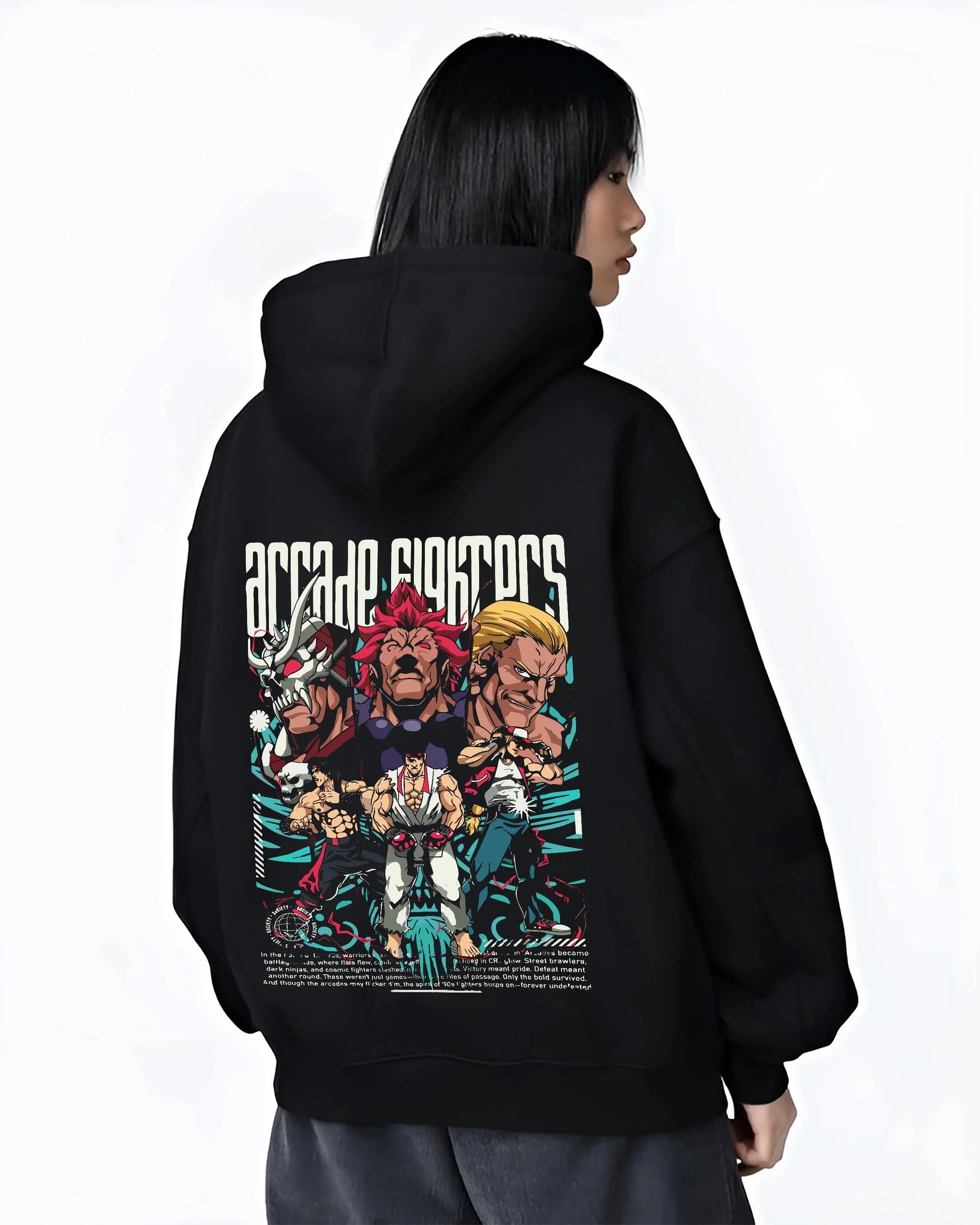 Black hoodie worn by female model, back view with Arcade Legends Fighter Hoodie Street Fighter Fatal Fury graphic streetwear graphic.