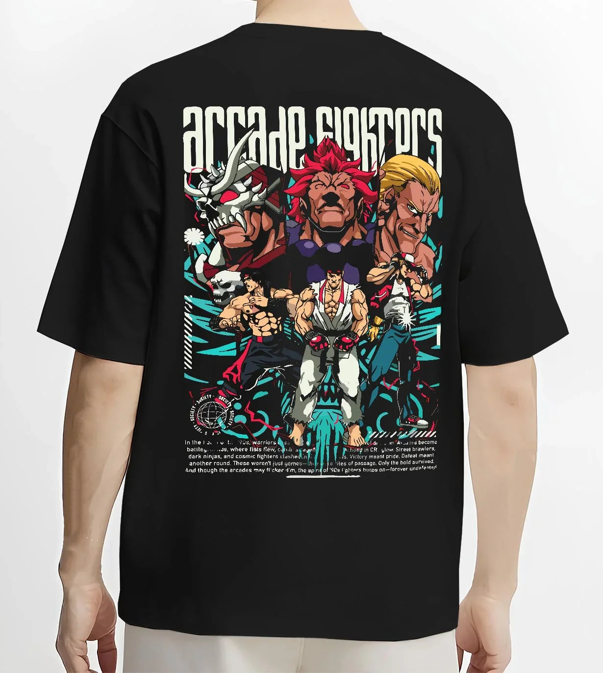 Black T-shirt worn by male model, back view with Arcade Legends Fighter Hoodie Street Fighter Fatal Fury graphic bold anime graphic.