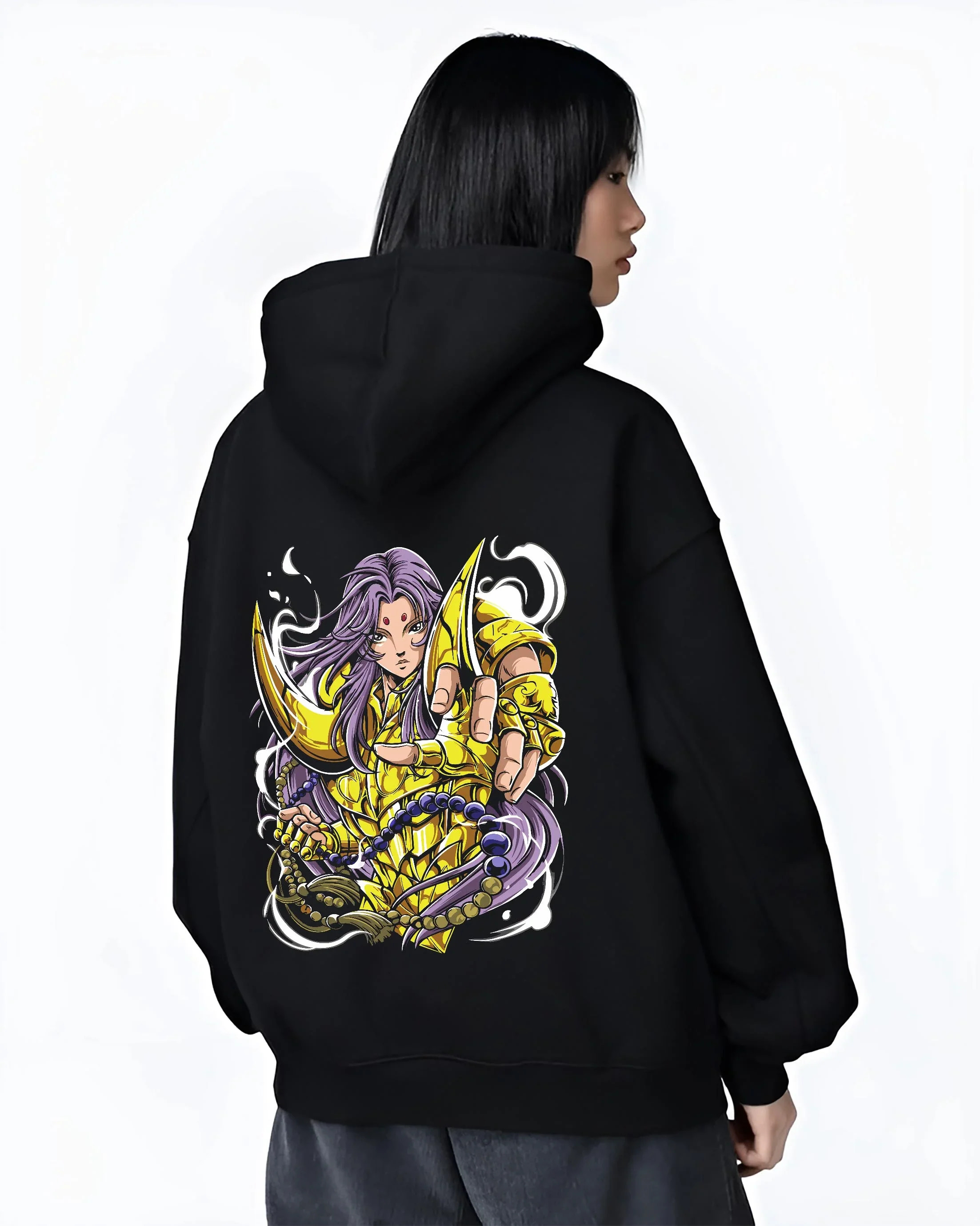 Black hoodie worn by female model, back view with Aries Gold Saint Hoodie Saint Seiya Celestial Zodiac graphic streetwear graphic.