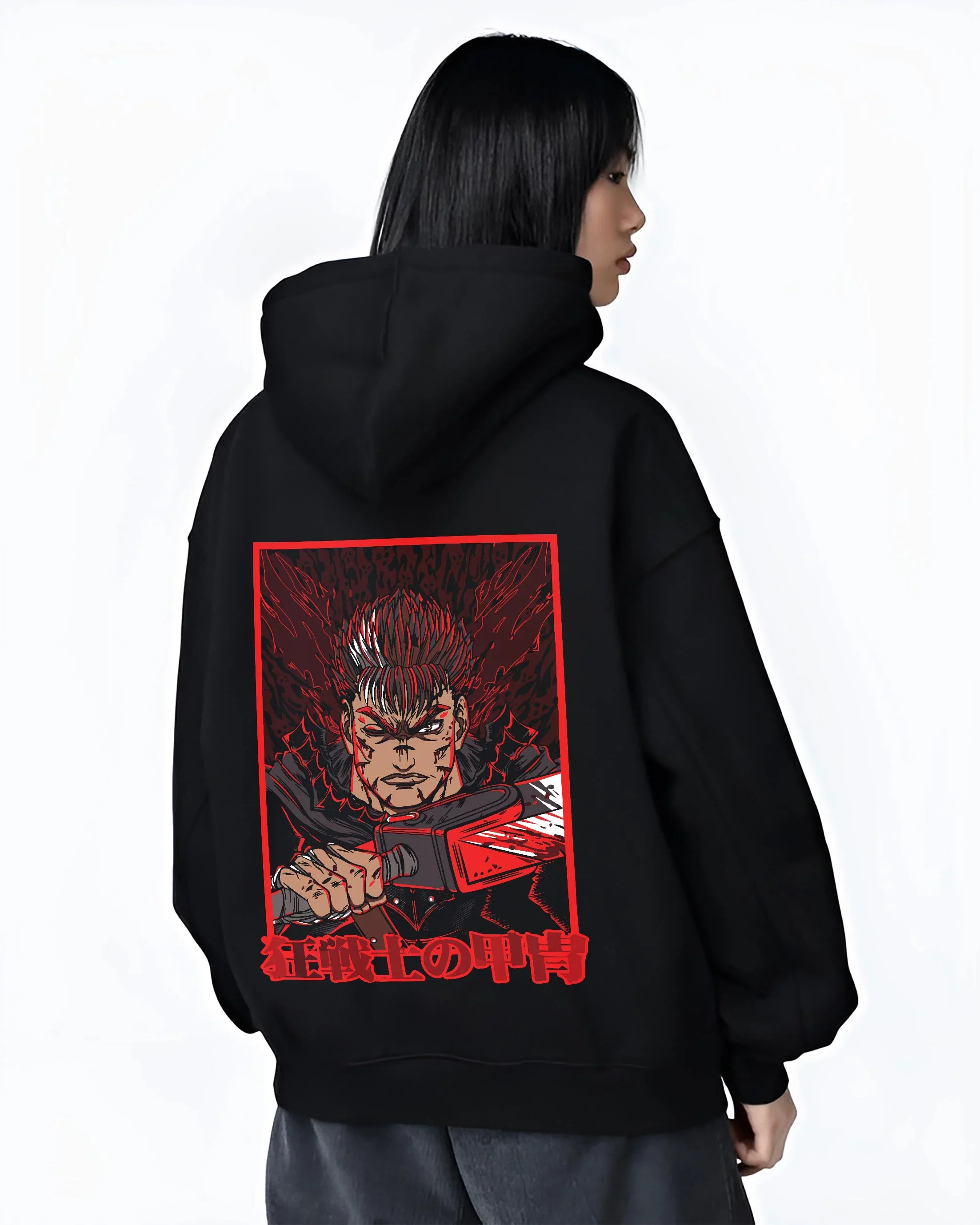 Black hoodie worn by female model, back view with Dandadan Turbo Granny Hoodie Lucky Cat Anime Jumper graphic streetwear graphic.