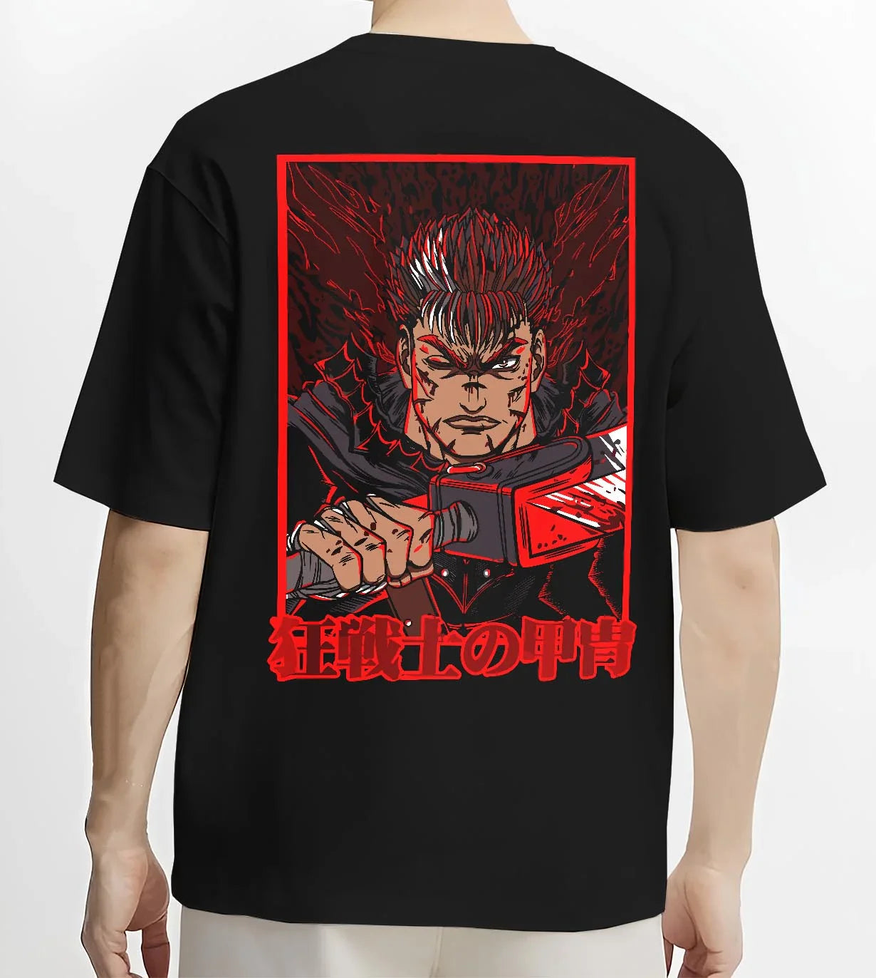 Black T-shirt worn by male model, back view with Dandadan Turbo Granny Hoodie Lucky Cat Anime Jumper graphic bold anime graphic.