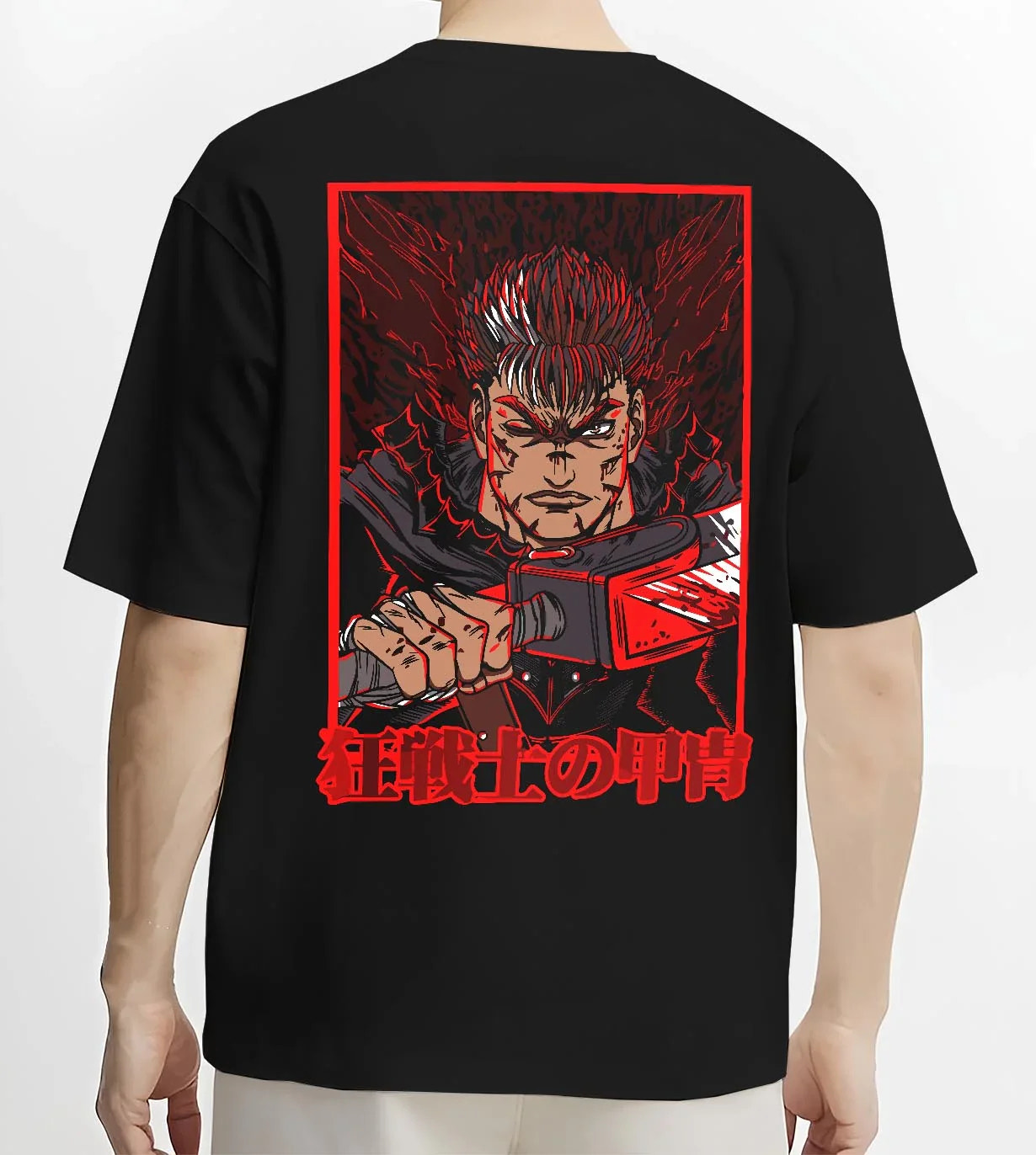 Black T-shirt worn by male model, back view with Dandadan Turbo Granny Hoodie Lucky Cat Anime Jumper graphic bold anime graphic.