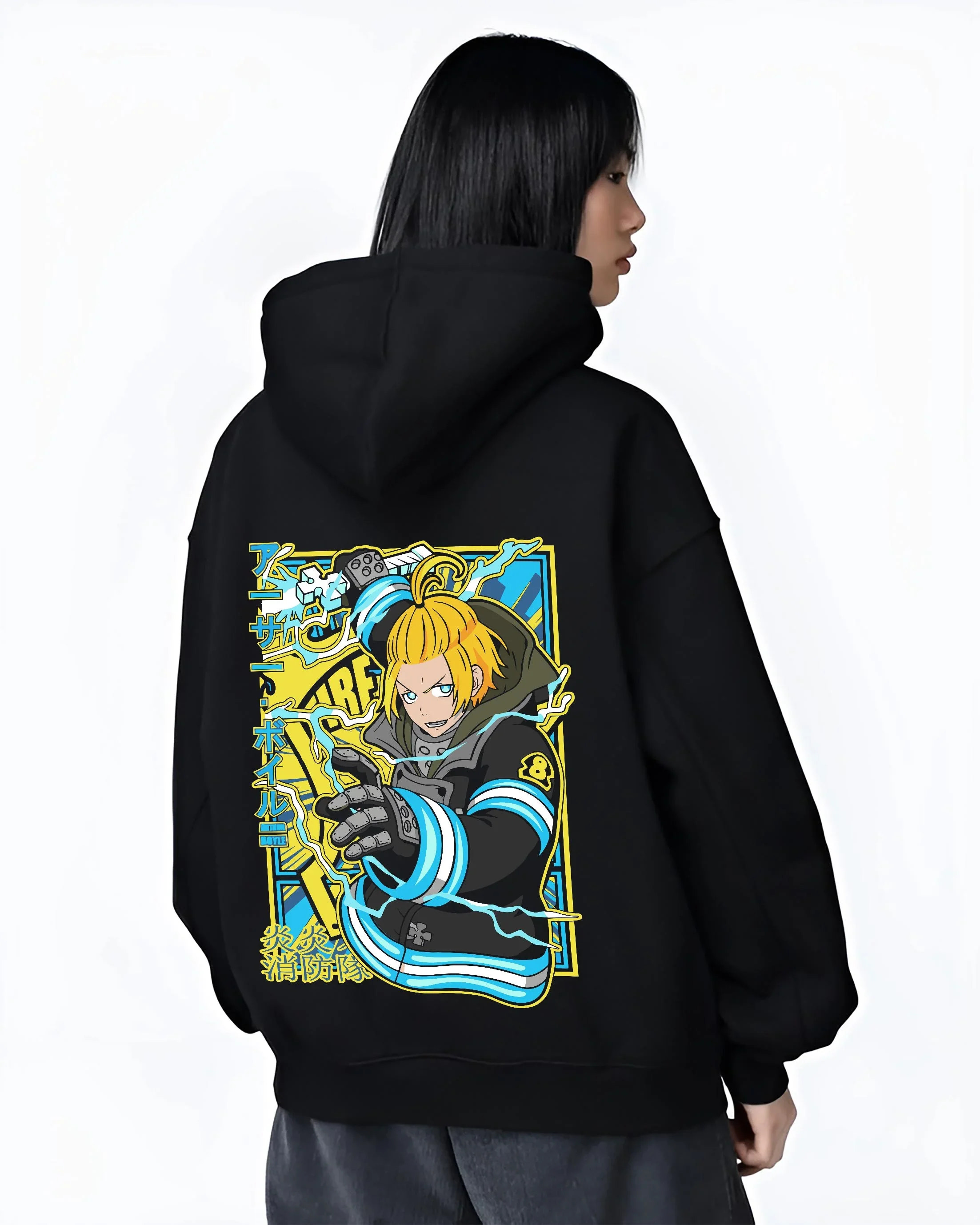 Black hoodie worn by female model, back view with Arthur Boyle Hoodie Fire Force Plasma Blade Ignition graphic premium wear.