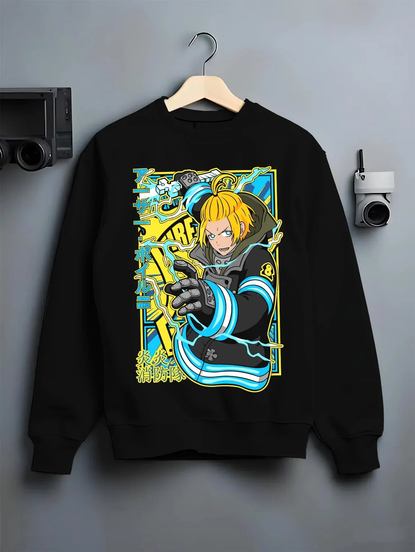 Black crewneck sweatshirt on hanger with Arthur Boyle Hoodie Fire Force Plasma Blade Ignition graphic premium wear.