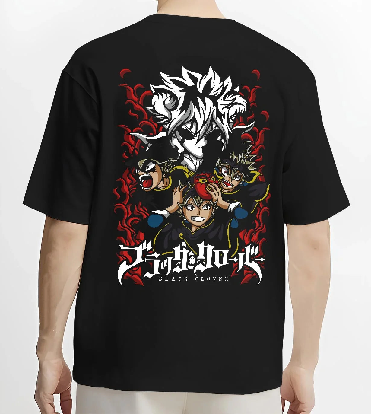 Black T-shirt worn by male model, back view with Asta Clover Hoodie Black Clover Dark Grimoire Battle graphic Asta anime design.