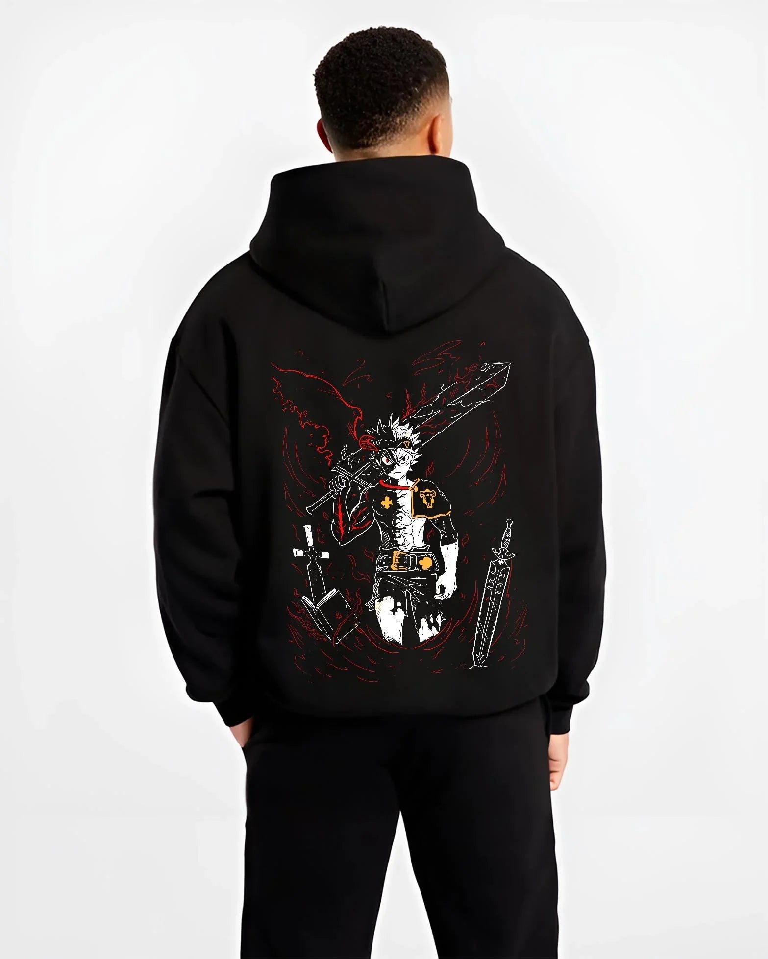 Black hoodie worn by male model, back view with Asta Demon Sword Hoodie Black Clover Dark Blade Form graphic streetwear graphic.