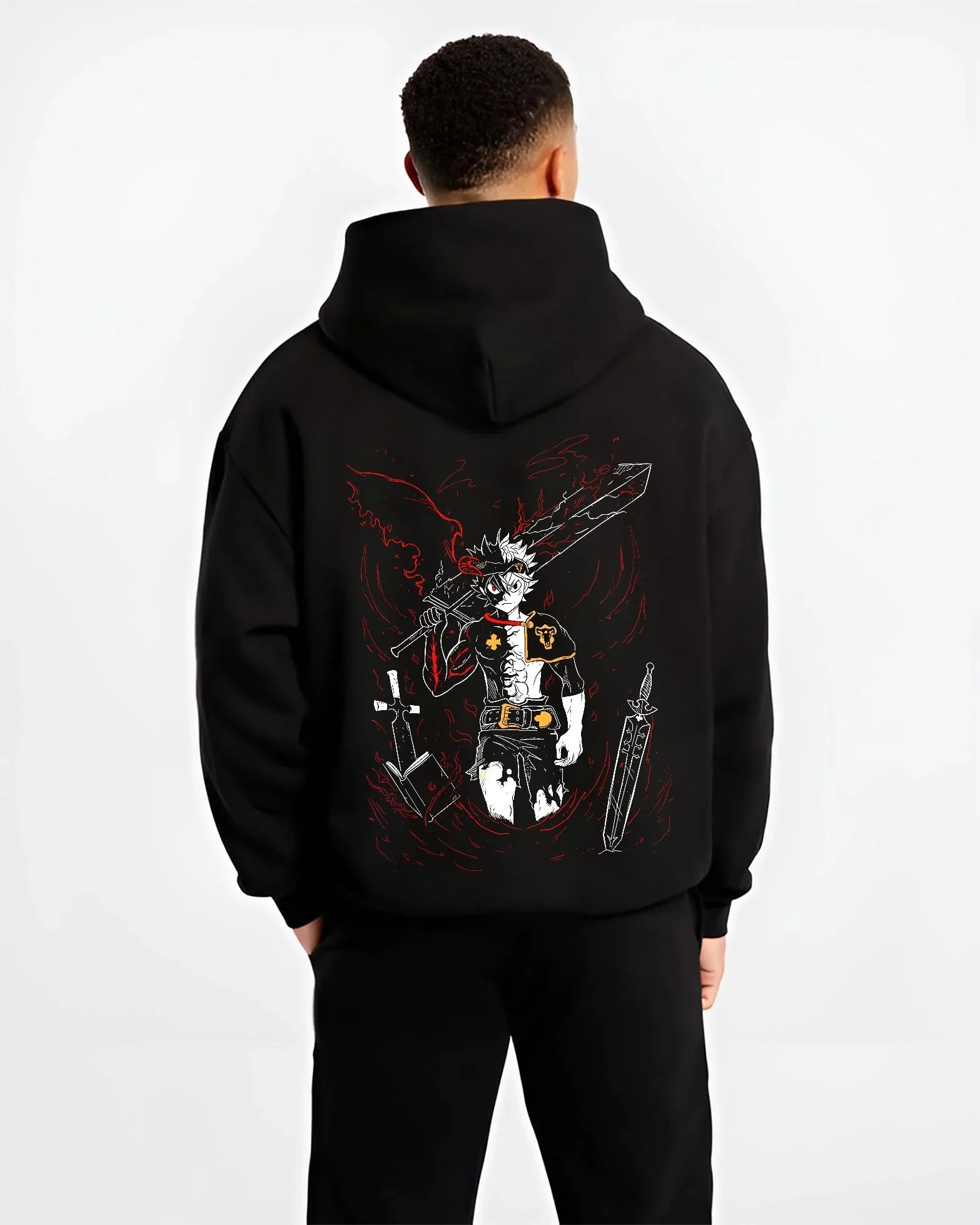 Black hoodie worn by male model, back view with Asta Demon Sword Hoodie Black Clover Dark Blade Form graphic streetwear graphic.