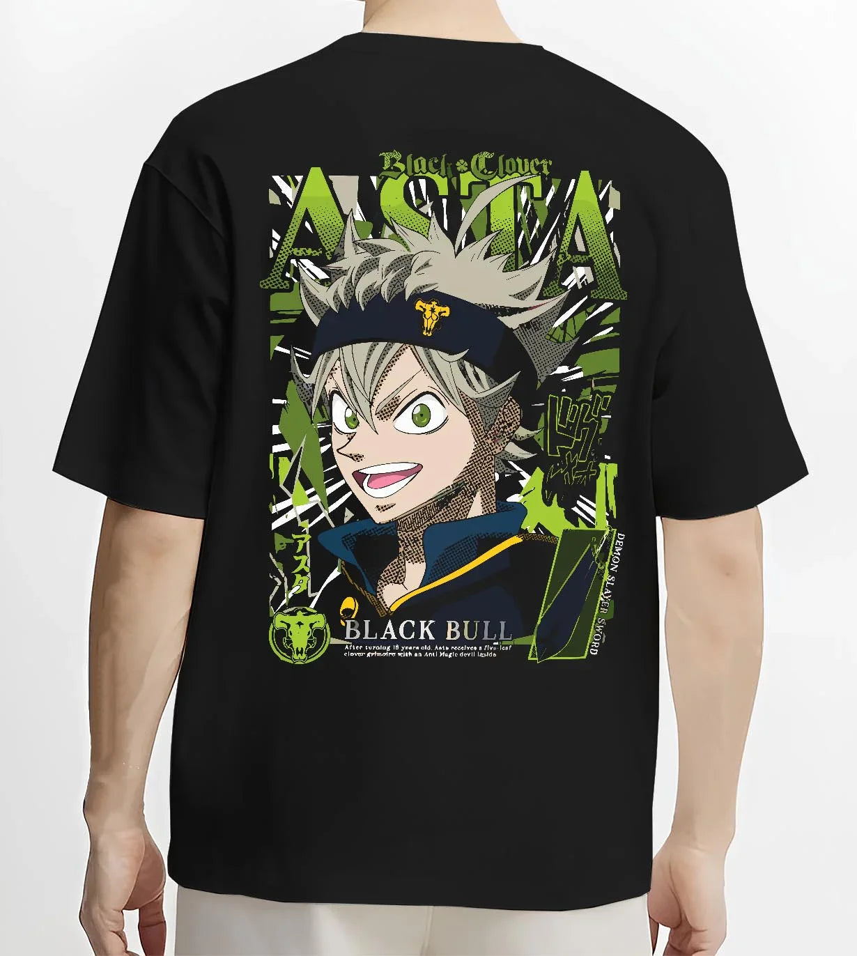 Black T-shirt worn by male model, back view with Asta Grimoire Hoodie Black Clover Green Magic Energy graphic premium wear.