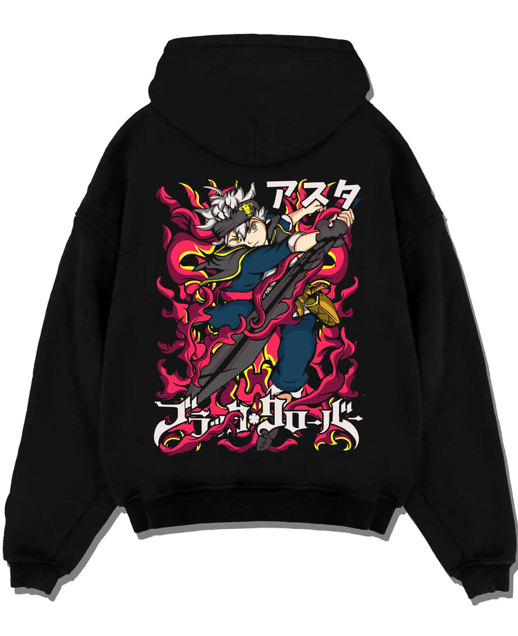 Black pullover hoodie laid flat with Asta Magic Sword Hoodie Black Clover Red Blade Stance graphic streetwear graphic.
