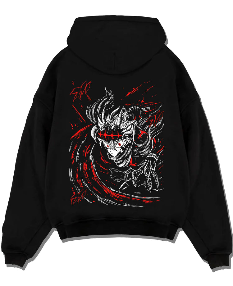 Black pullover hoodie laid flat with Asta Yami Hoodie Black Clover Sword Mentor Dark Power graphic premium wear.