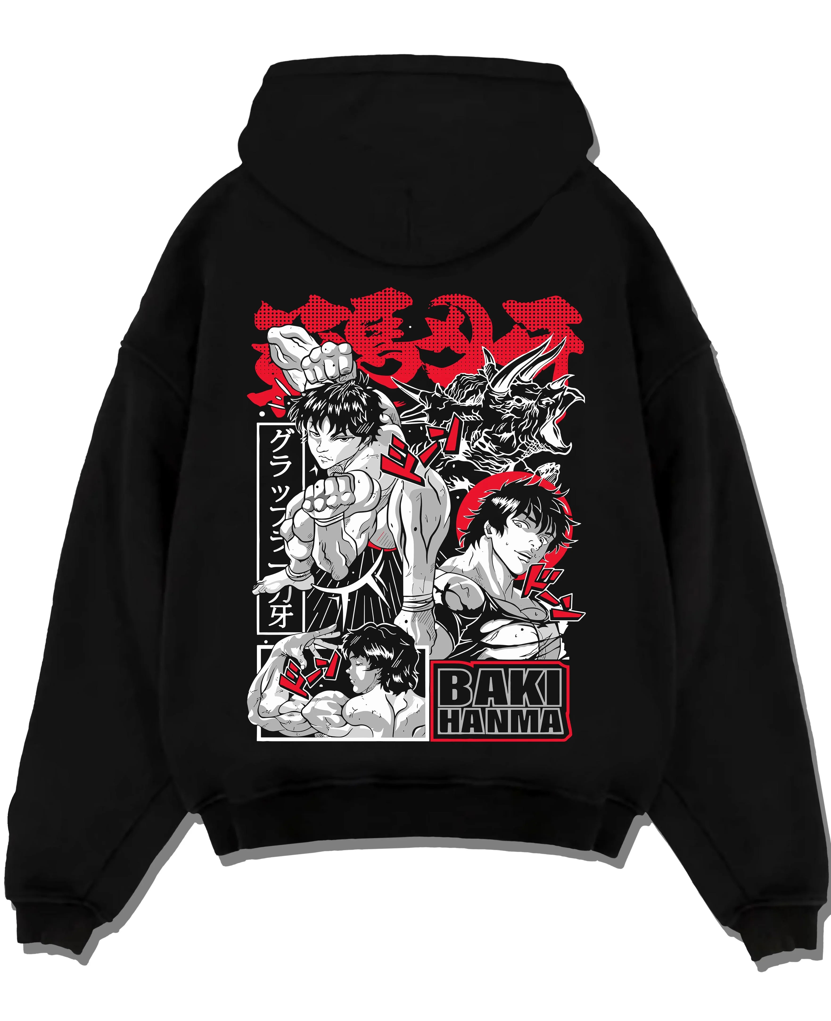 Black pullover hoodie laid flat with Baki vs Bakugo Hoodie Crossover Hero Fighting Poster graphic bold anime graphic.