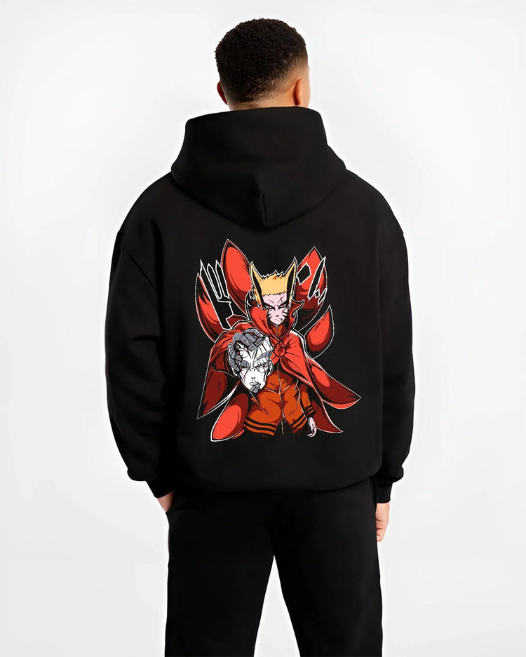 Black hoodie worn by male model, back view with Naruto Uzumaki Hoodie Baryon Mode Battle Jumper graphic premium wear.