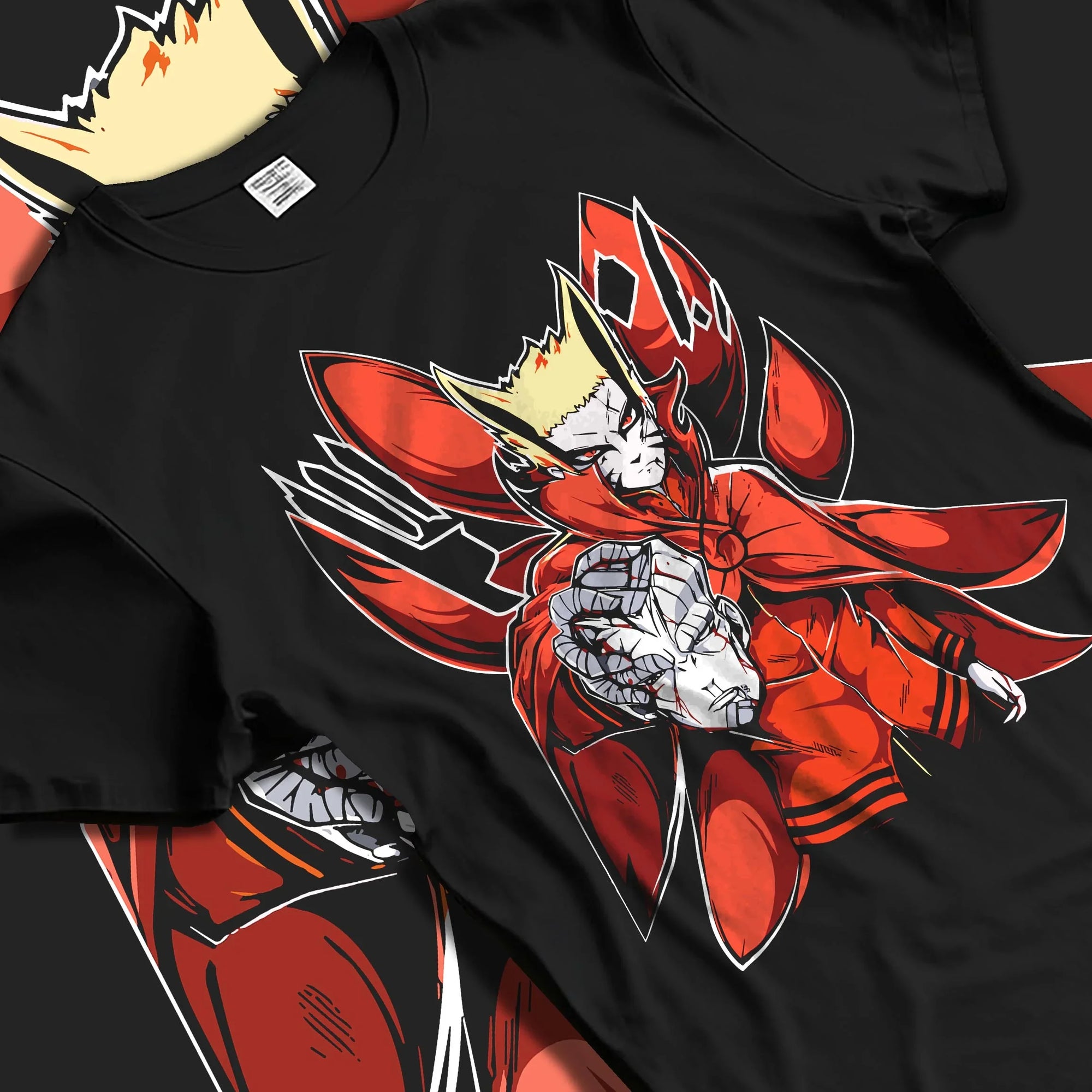 Black T-shirt laid flat with natural folds with Naruto Uzumaki Hoodie Baryon Mode Battle Jumper graphic streetwear graphic.