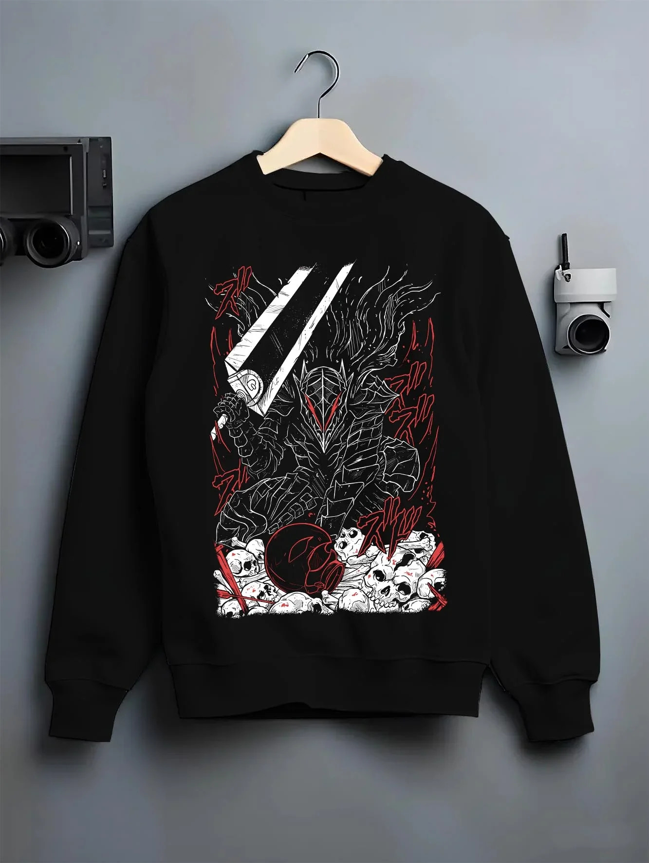 Black crewneck sweatshirt on hanger with Berserk Eclipse Hoodie Dark Fantasy Bloody Eclipse graphic streetwear graphic.