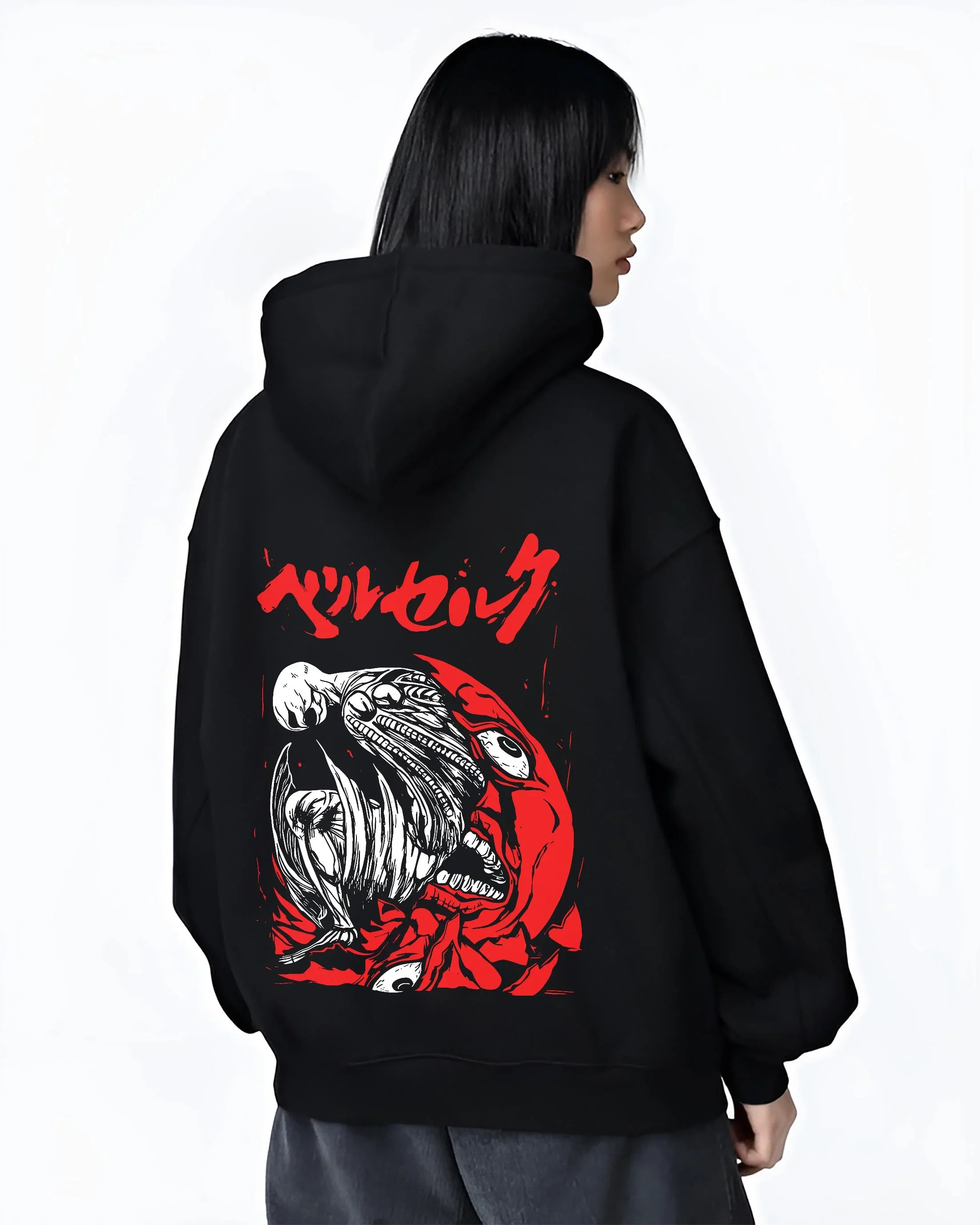 Black hoodie worn by female model, back view with Berserk Skull Hoodie Behelit Eclipse Bloody Crimson graphic premium wear.