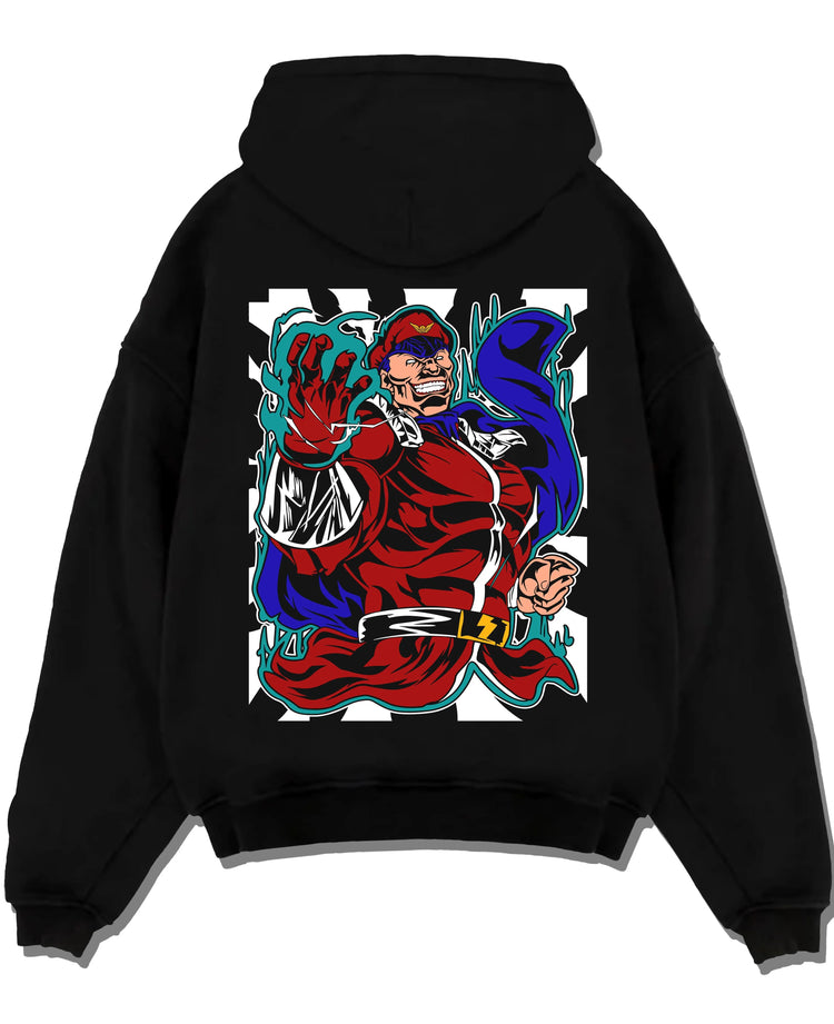 Black pullover hoodie laid flat with M. Bison Hoodie Street Fighter Psycho Power Pose graphic bold anime graphic.