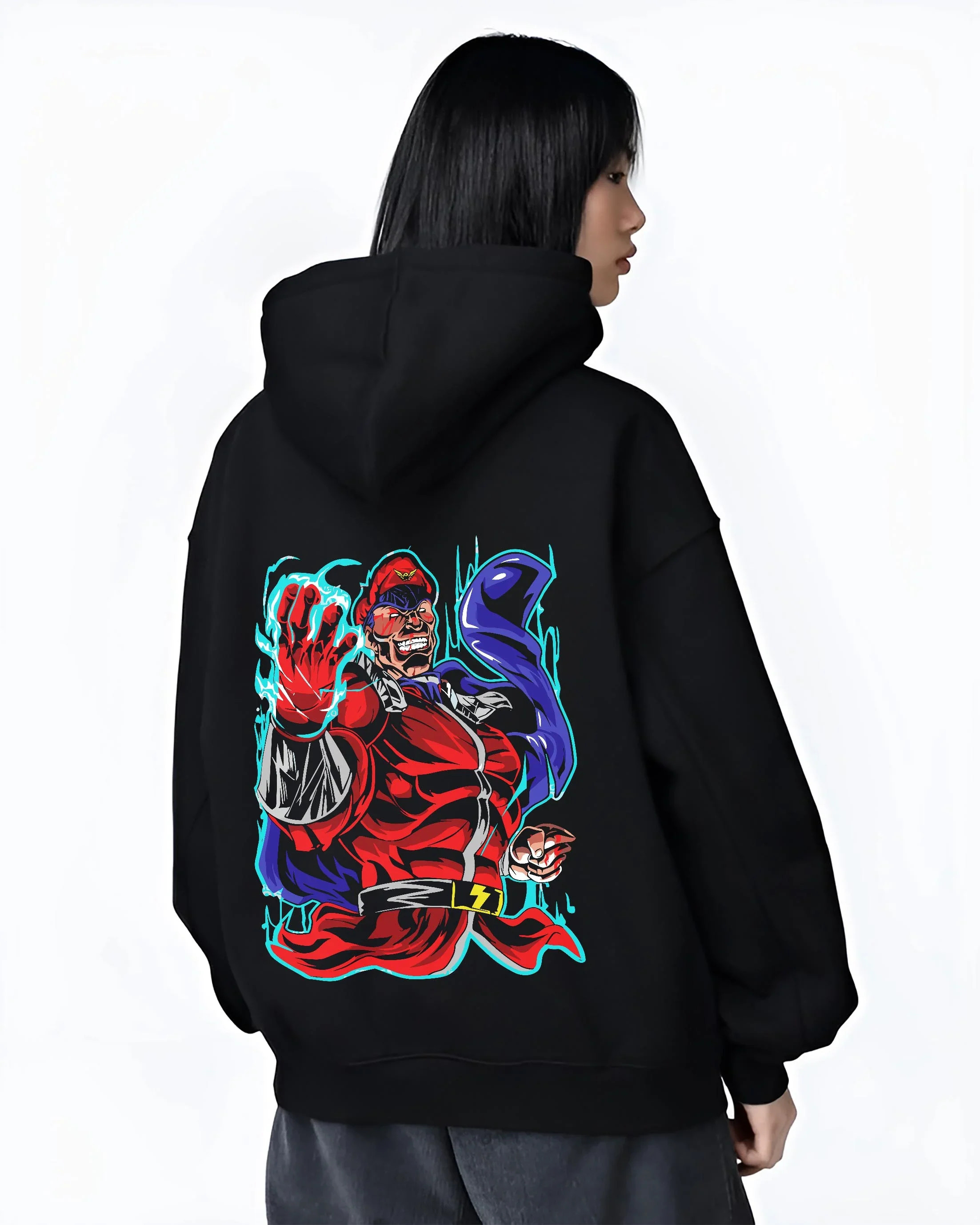 Black hoodie worn by female model, back view with M. Bison Hoodie Street Fighter Red Aura Flame Power graphic bold anime graphic.