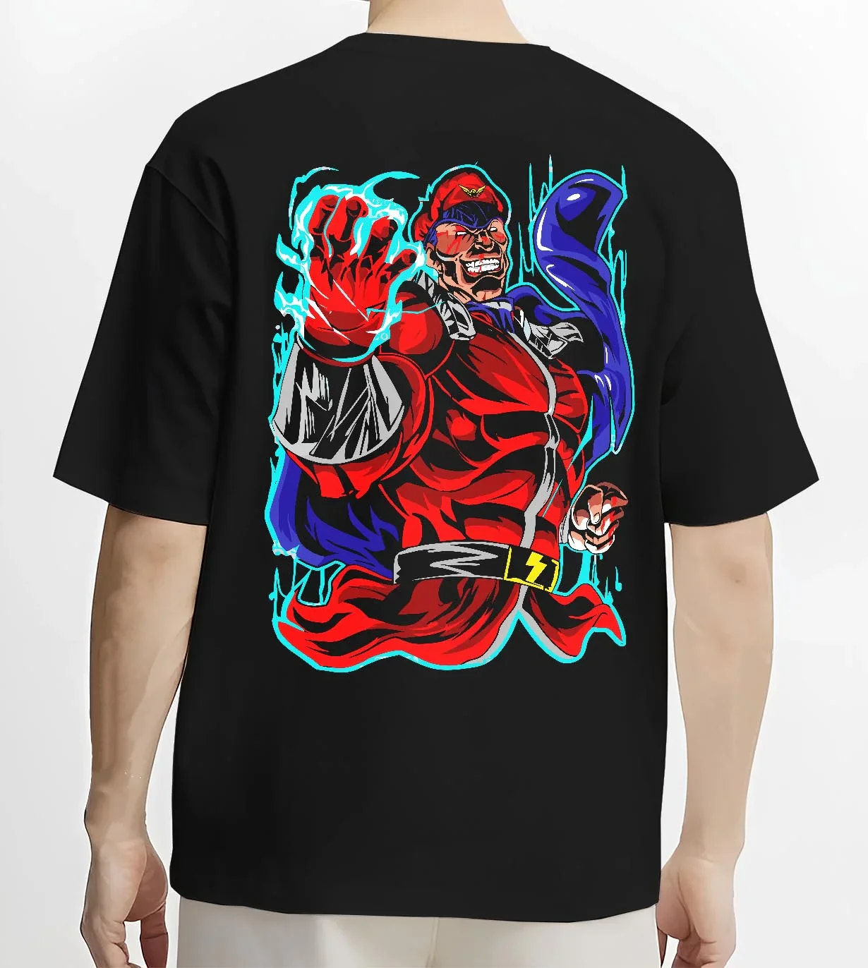 Black T-shirt worn by male model, back view with M. Bison Hoodie Street Fighter Red Aura Flame Power graphic streetwear graphic.