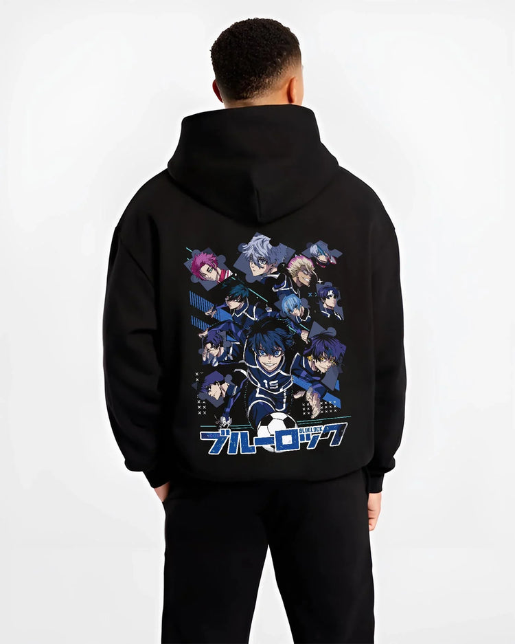 Black hoodie worn by male model, back view with Blue Lock Hoodie Team Eleven Anime Sports Panel Print graphic bold anime graphic.