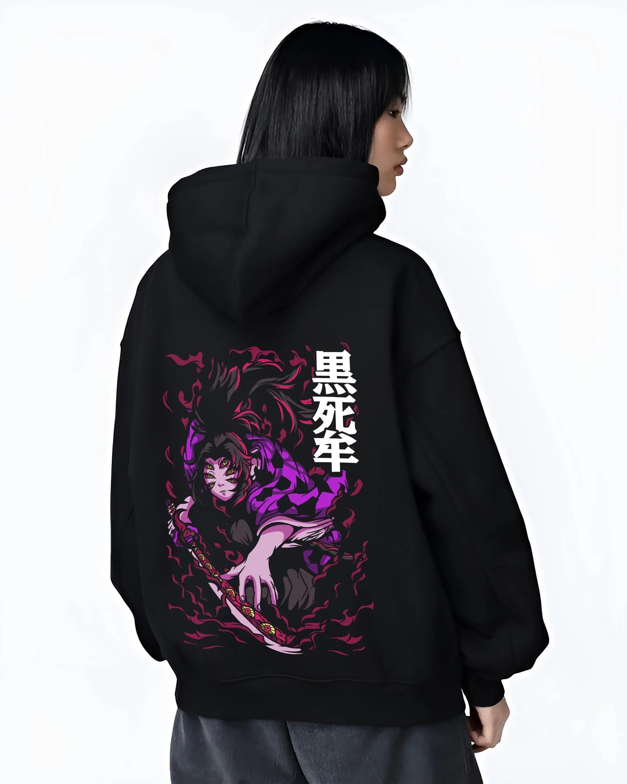 Black hoodie worn by female model, back view with Demon Slayer Kokushibo Hoodie Blood Demon Jumper graphic premium wear.