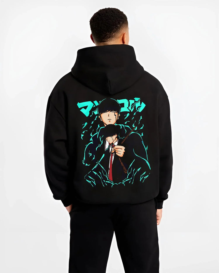 Black hoodie worn by male model, back view with Mashle Magic Muscles Hoodie Blue Dynamic Jumper graphic premium wear.