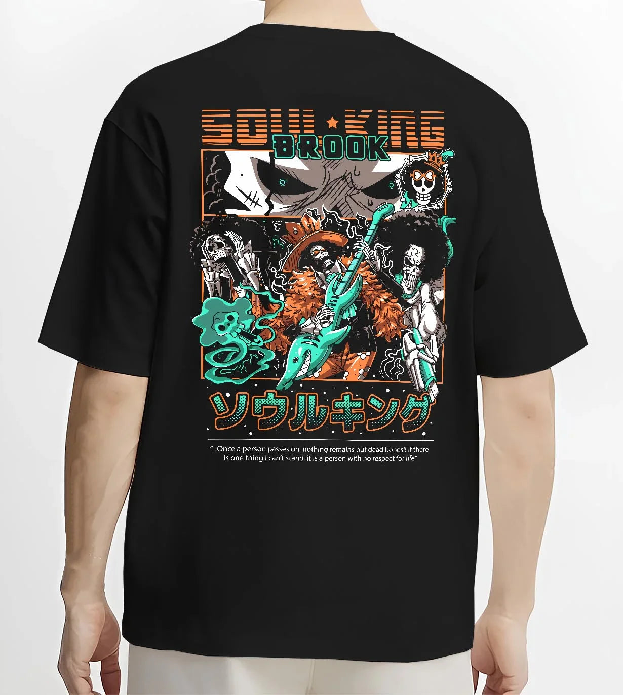 Black T-shirt worn by male model, back view with Brook Soul King Hoodie One Piece Flame Music Scene graphic premium wear.
