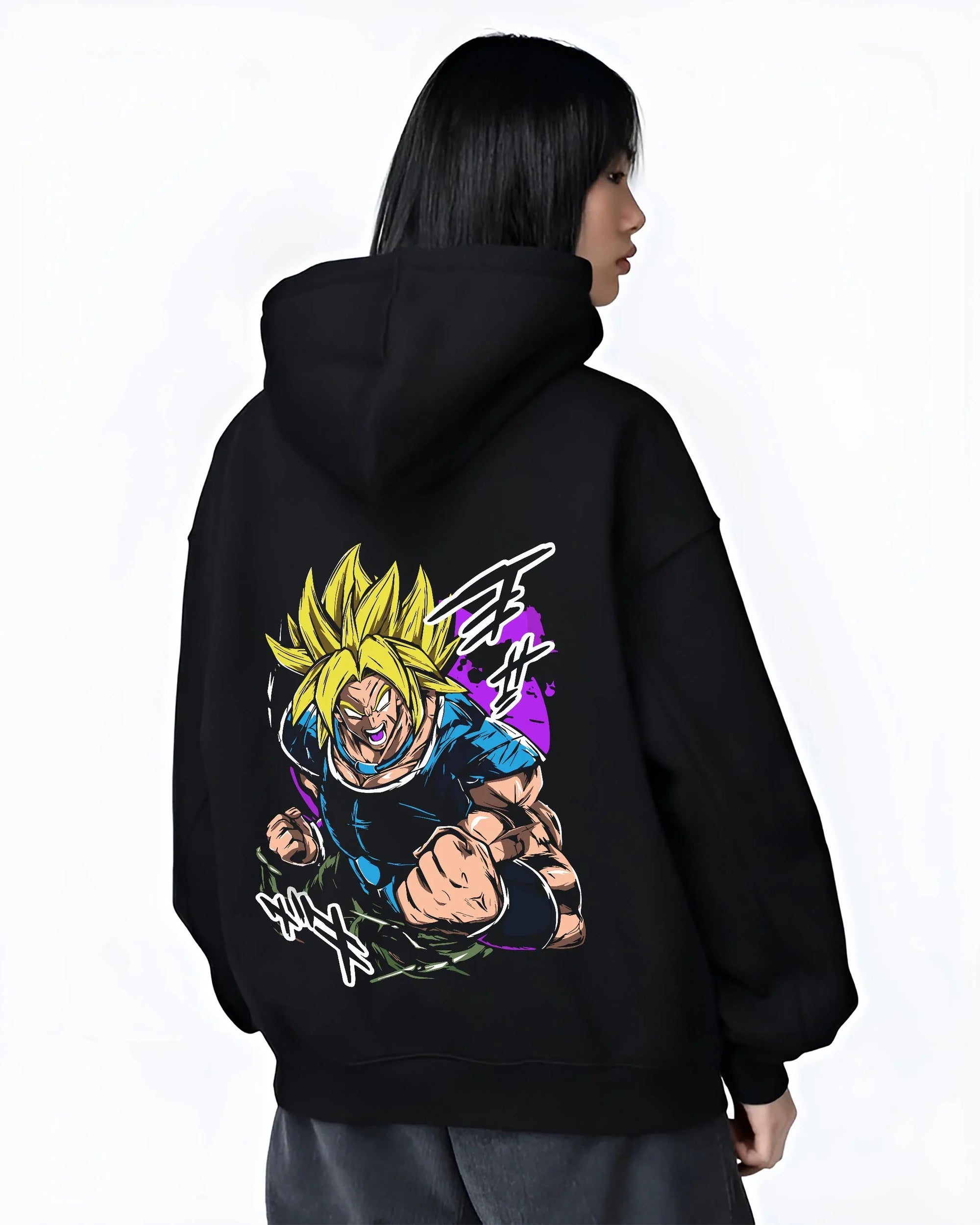 Black hoodie worn by female model, back view with Broly Legendary Hoodie Dragon Ball Z Super Saiyan Rage graphic bold anime graphic.