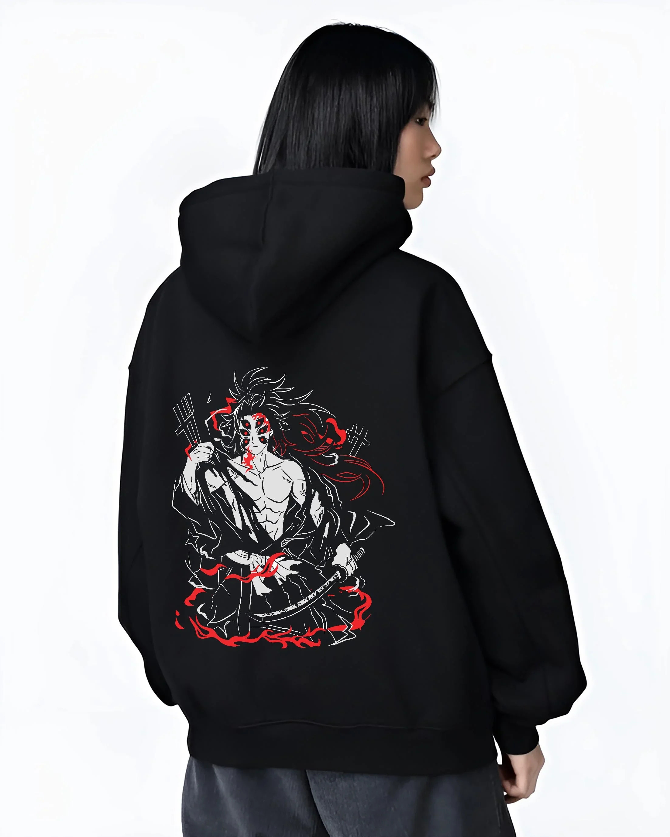 Black hoodie worn by female model, back view with Demon Slayer Kokushibo Hoodie Battle Mode Jumper graphic bold anime graphic.