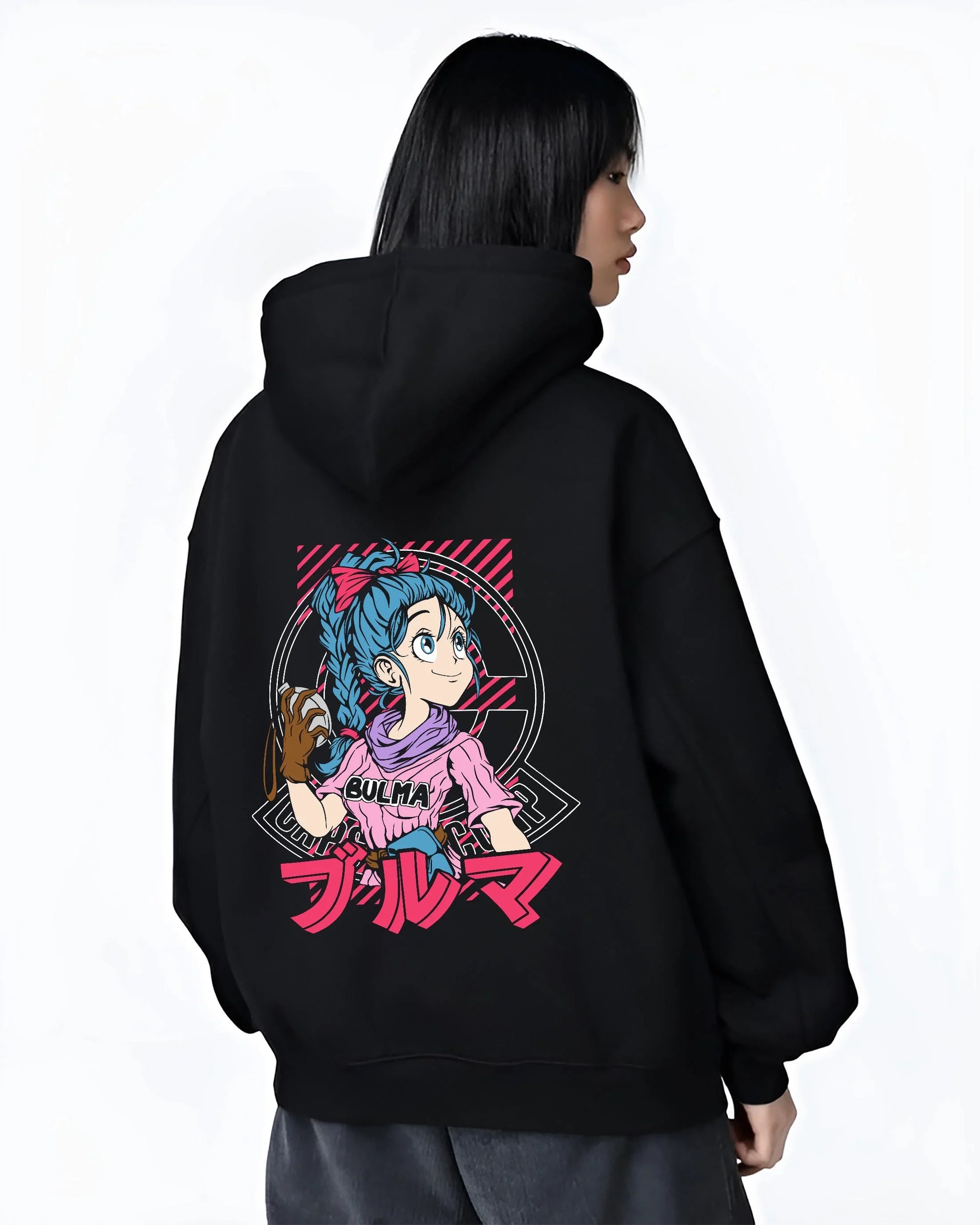 Black hoodie worn by female model, back view with Bulma Hoodie Dragon Ball Z Pink Outfit Capsule Corp graphic premium wear.