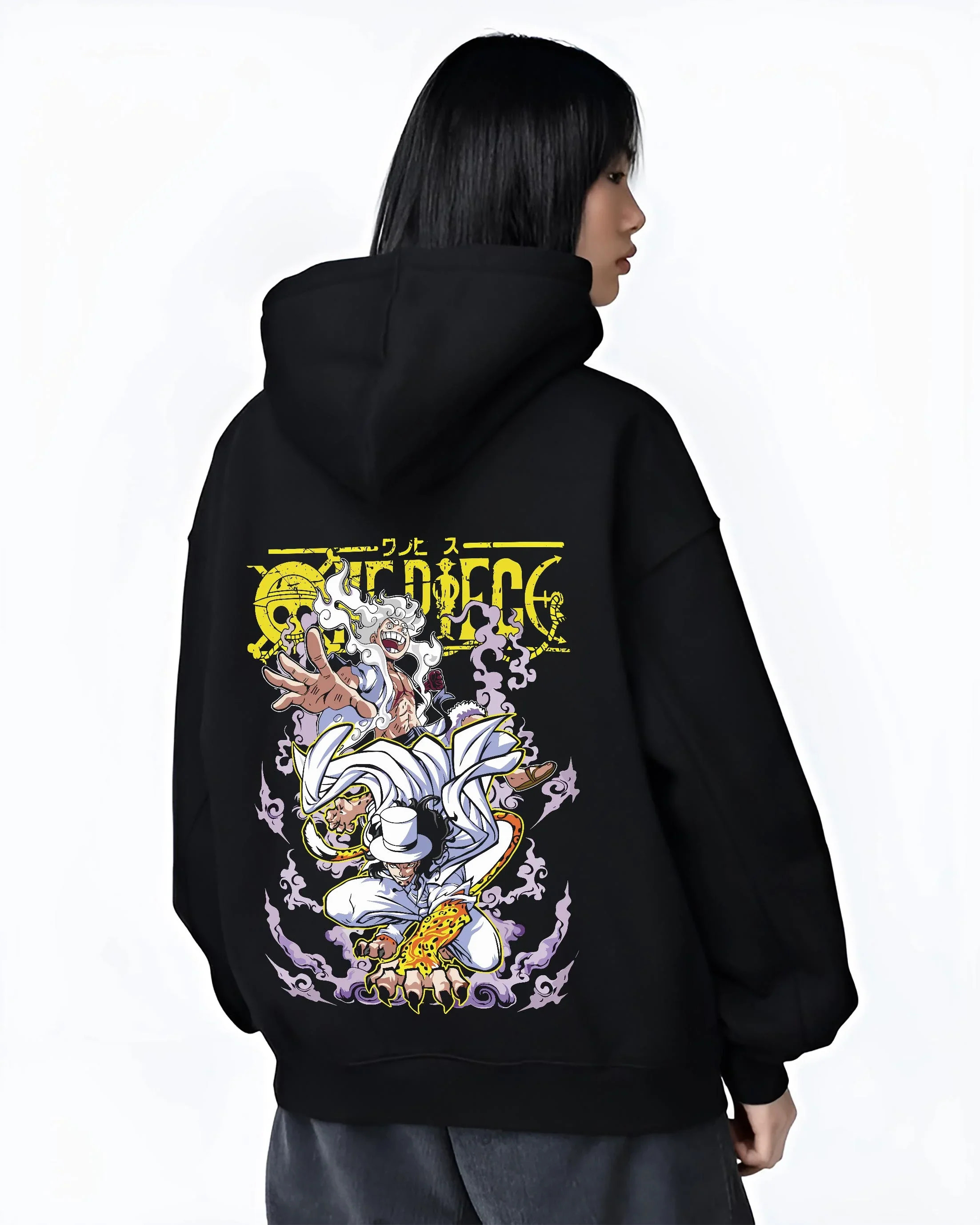 Black hoodie worn by female model, back view with One Piece Hoodie Luffy vs Lucci Water Seven Jumper graphic streetwear graphic.