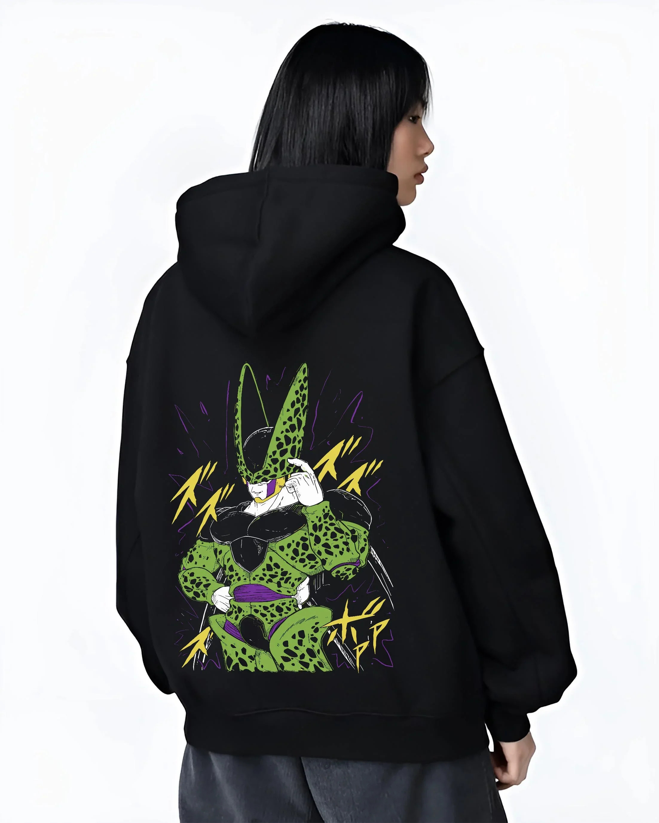 Black hoodie worn by female model, back view with Cell Second Form Hoodie Dragon Ball Z Villain Stance graphic Cell anime design.